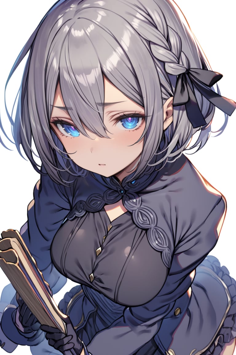 1girl, blue eyes, grey hair, braid, short hair, gloves, simple background, holding, hair ribbon, white background, black dress, long sleeves, dutch angle, jacket, frills, black ribbon, hair between eyes, breasts