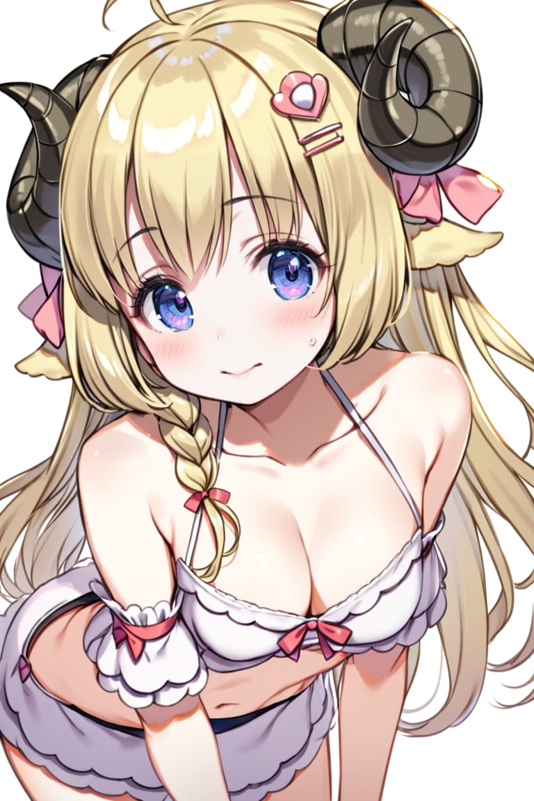 1girl, virtual youtuber, sheep horns, long hair, tsunomaki watame, sheep girl, sheep ears, animal ears, smile, cleavage, blonde hair, braid, looking at viewer, ahoge, simple background, medium breasts, purple eyes, white background, bangs, hair ornament, closed mouth, navel, leaning forward, bare shoulders, detached sleeves, hair ribbon, blush, frills, collarbone, halterneck, short sleeves