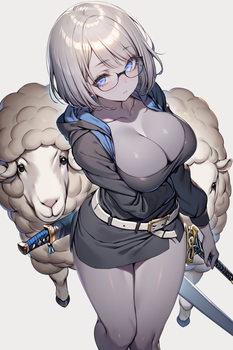 1girl, blue eyes, grey hair, glasses, belt, short hair, bangs, black dress, weapon, sword, short dress, open jacket, cropped jacket, open clothes, looking at viewer, black jacket, hooded jacket, large breasts, sheep, long sleeves, hood, cleavage, grey skin, thighs, simple background