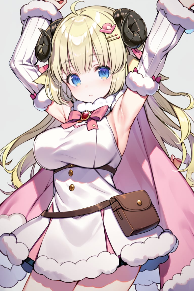 1girl, tsunomaki watame, virtual youtuber, blonde hair, sheep horns, animal ears, sheep ears, sheep girl, fur trim, smile, detached sleeves, hair ornament, hairclip, ahoge, fur-trimmed dress, white dress, blush, arms up, looking at viewer, pink cape, blue eyes, grey background, fur-trimmed sleeves, large breasts, armpits, bangs, closed mouth, cowboy shot, sleeveless dress, two-sided cape, pouch, short dress, ribbed sleeves, bow