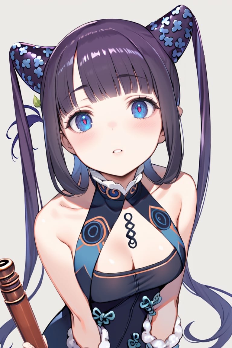 1girl, yang guifei (fate), blue eyes, cleavage, twintails, bare shoulders, open mouth, black dress, blush, purple hair, blunt bangs, looking at viewer, flute, sidelocks, instrument, grey background, chinese clothes, simple background, china dress, leaf hair ornament, medium breasts, looking up, detached sleeves