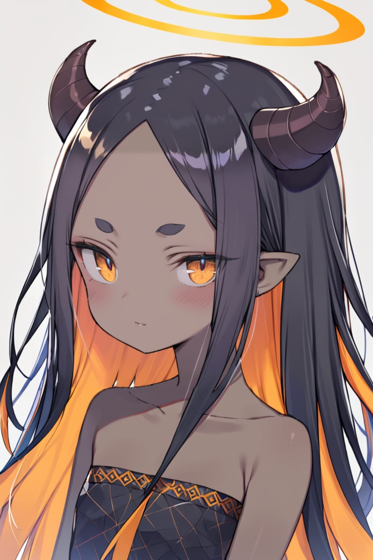 1girl, black hair, horns, dark-skinned female, smile, colored inner hair, forehead, virtual youtuber, upper body, bare shoulders, closed mouth, multicolored hair, very dark skin, looking at viewer, orange hair, orange eyes, short eyebrows, flat chest, halo, parted bangs, strapless, collarbone, sidelocks, black dress