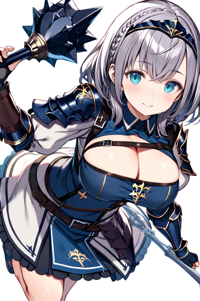 1girl, shirogane noel, virtual youtuber, mace, grey hair, wavy hair, large breasts, braid, holding weapon, medium hair, looking at viewer, smile, blush, black gloves, wrist guards, armored dress, closed mouth, fingerless gloves, chest belt, blue eyes, tiara, bangs, simple background, white background, hair between eyes, puffy sleeves, shoulder armor, skirt