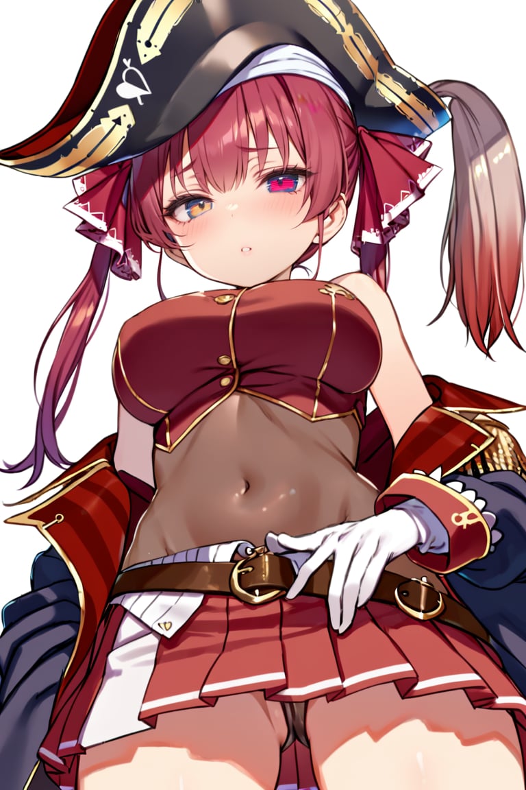 1girl, houshou marine, virtual youtuber, heterochromia, red hair, twintails, pirate hat, yellow eyes, white background, long hair, covered navel, white gloves, looking at viewer, blush, simple background, off shoulder, from below, leotard under clothes, belt, see-through leotard, red ribbon, black headwear, hair ribbon, red skirt, pleated skirt, large breasts, looking down, black coat, bare shoulders, parted lips, bangs, bicorne, jacket, open clothes
