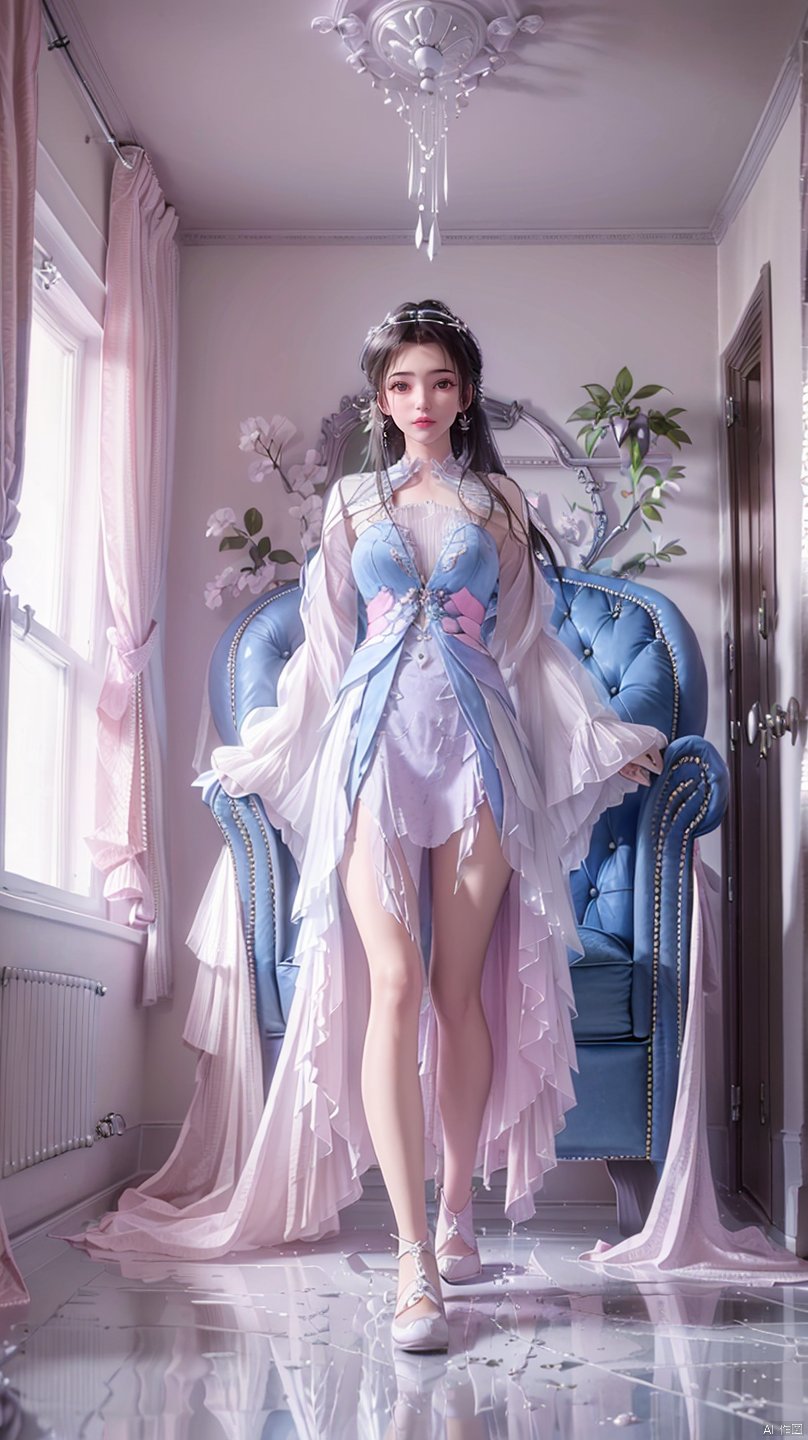  ,(1girl:1.4),jmai,above the knee,appear on camera,(in the messy room:1.3),(cute interior:1.5),(pink room),window,kawaii room,canopy,frills,pink chair,(baldachin:1.5),(Foliage plant:1.2),(chesterfield chair:1.5), lmw