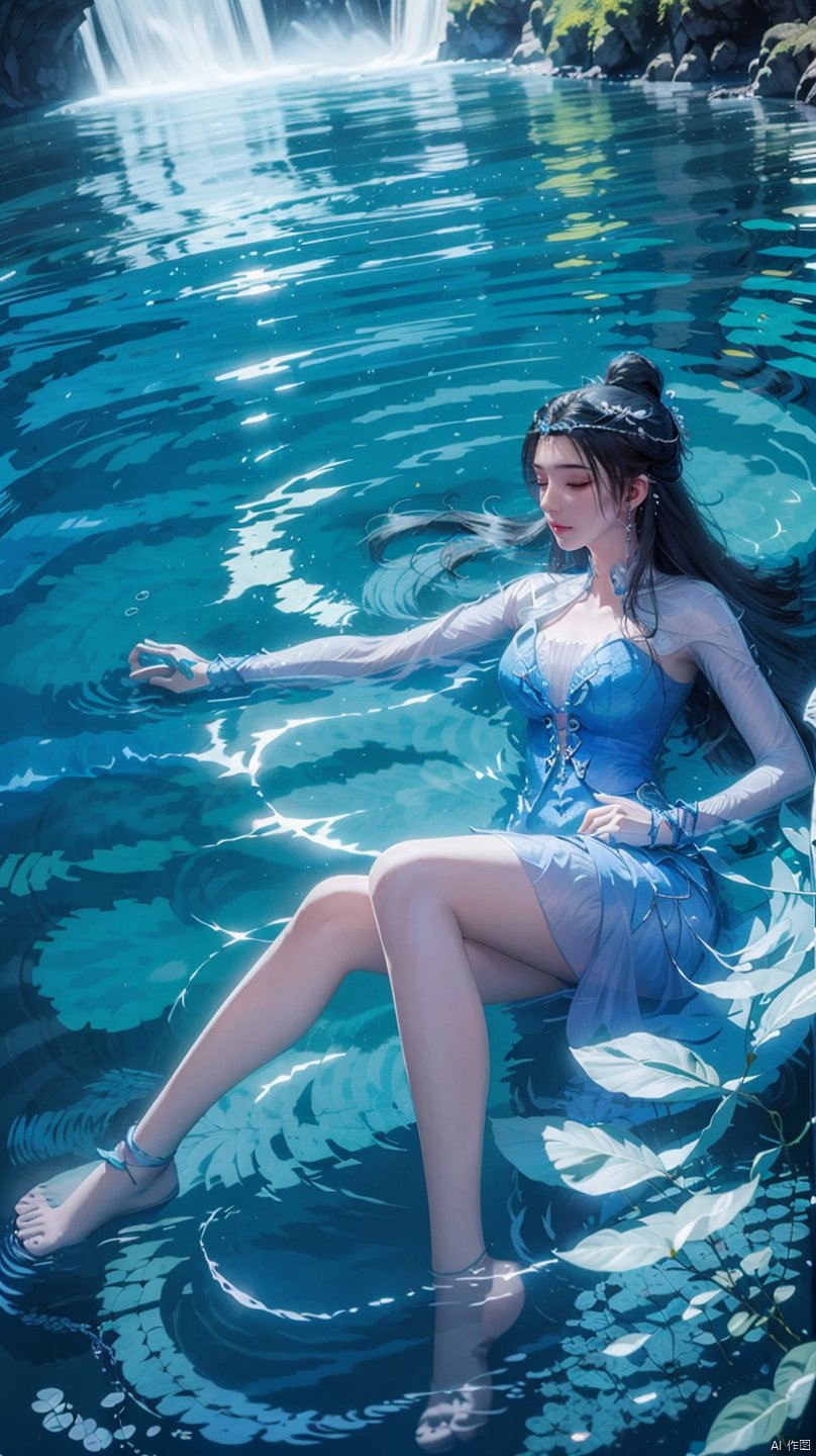  ,jmai,1girl,above the knee, appear on camera,medium_shot,wonderland,light blue element,night,side light shining on the face,blue water element,lying on the water surface, lmw