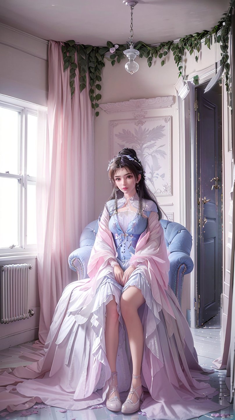  ,(1girl:1.4),jmai,above the knee,appear on camera,(in the messy room:1.3),(cute interior:1.5),(pink room),window,kawaii room,canopy,frills,pink chair,(baldachin:1.5),(Foliage plant:1.2),(chesterfield chair:1.5), lmw