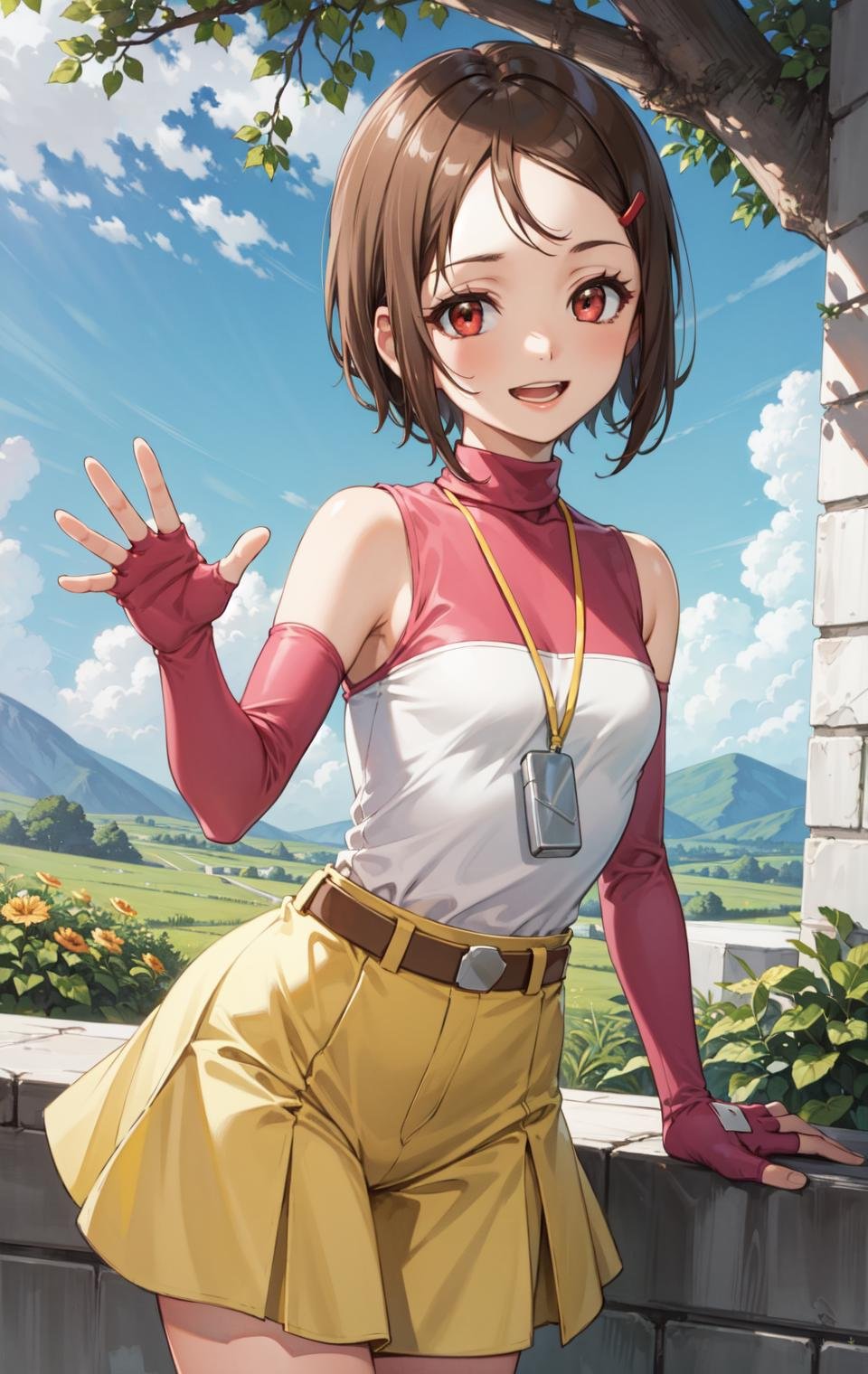 masterpiece, best quality, highres,HikariDef, 1girl, solo, short hair, brown eyes, red eyes, brown hair, hair ornament, hairclip,  shirt, bare shoulders, elbow gloves, gloves, skirt, jewelry, sleeveless, belt, turtleneck, yellow skirt, whistle, whistle around neck, fingerless gloves, cowboy shot, waving, waving arms, looking at viewer, forest, outdoors, tree, sunlight, cloudy, laughing, <lora:Yagami_Hikari:1>