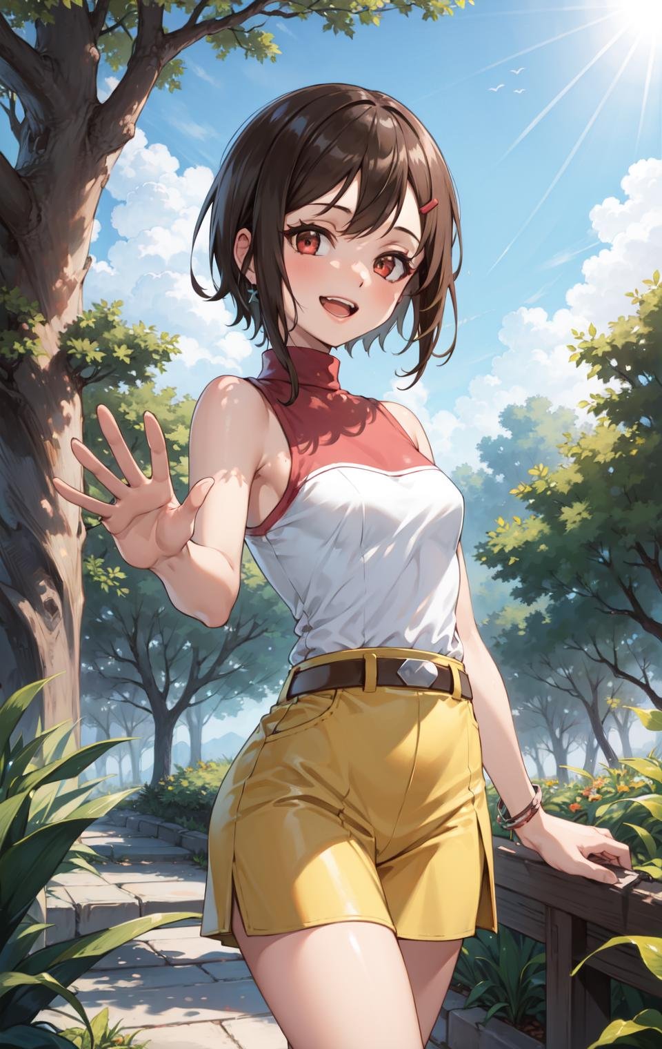 masterpiece, best quality, highres,HikariDef, 1girl, solo, short hair, brown eyes, red eyes, brown hair, hair ornament, hairclip, shirt, bare shoulders, skirt, jewelry, sleeveless, belt, turtleneck, yellow skirt, cowboy shot, waving, waving arms, looking at viewer, forest, outdoors, tree, sunlight, cloudy, laughing, <lora:Yagami_Hikari:1>