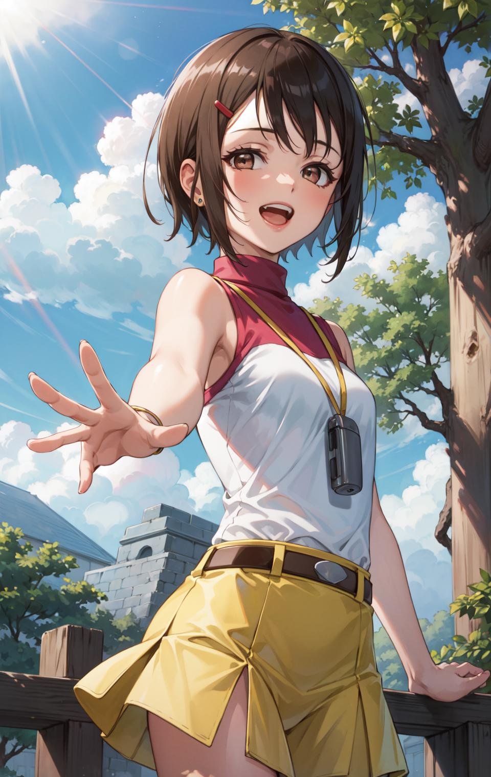 masterpiece, best quality, highres,HikariDef, 1girl, solo, short hair, brown eyes, brown hair, hair ornament, hairclip, shirt, bare shoulders, skirt, jewelry, sleeveless, belt, turtleneck, yellow skirt, cowboy shot, waving, waving arms, looking at viewer, forest, outdoors, tree, sunlight, cloudy, laughing, <lora:Yagami_Hikari:1>