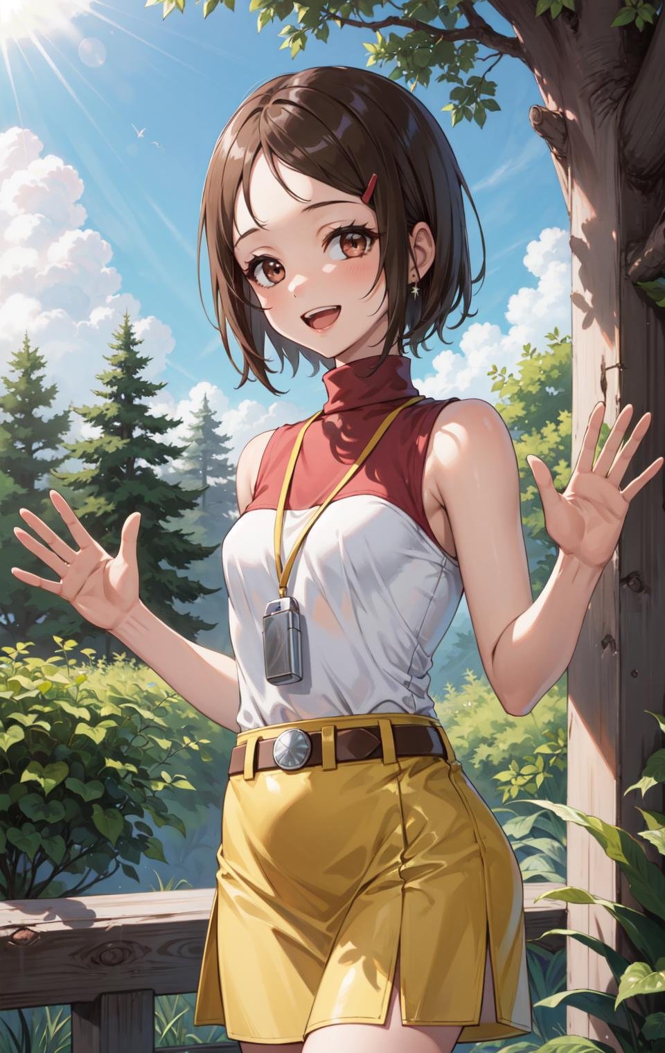 masterpiece, best quality, highres,HikariDef, 1girl, solo, short hair, brown eyes, brown hair, hair ornament, hairclip, shirt, bare shoulders, skirt, jewelry, sleeveless, belt, turtleneck, cowboy shot, waving, waving arms, looking at viewer, forest, outdoors, tree, sunlight, cloudy, laughing, <lora:Yagami_Hikari:1>
