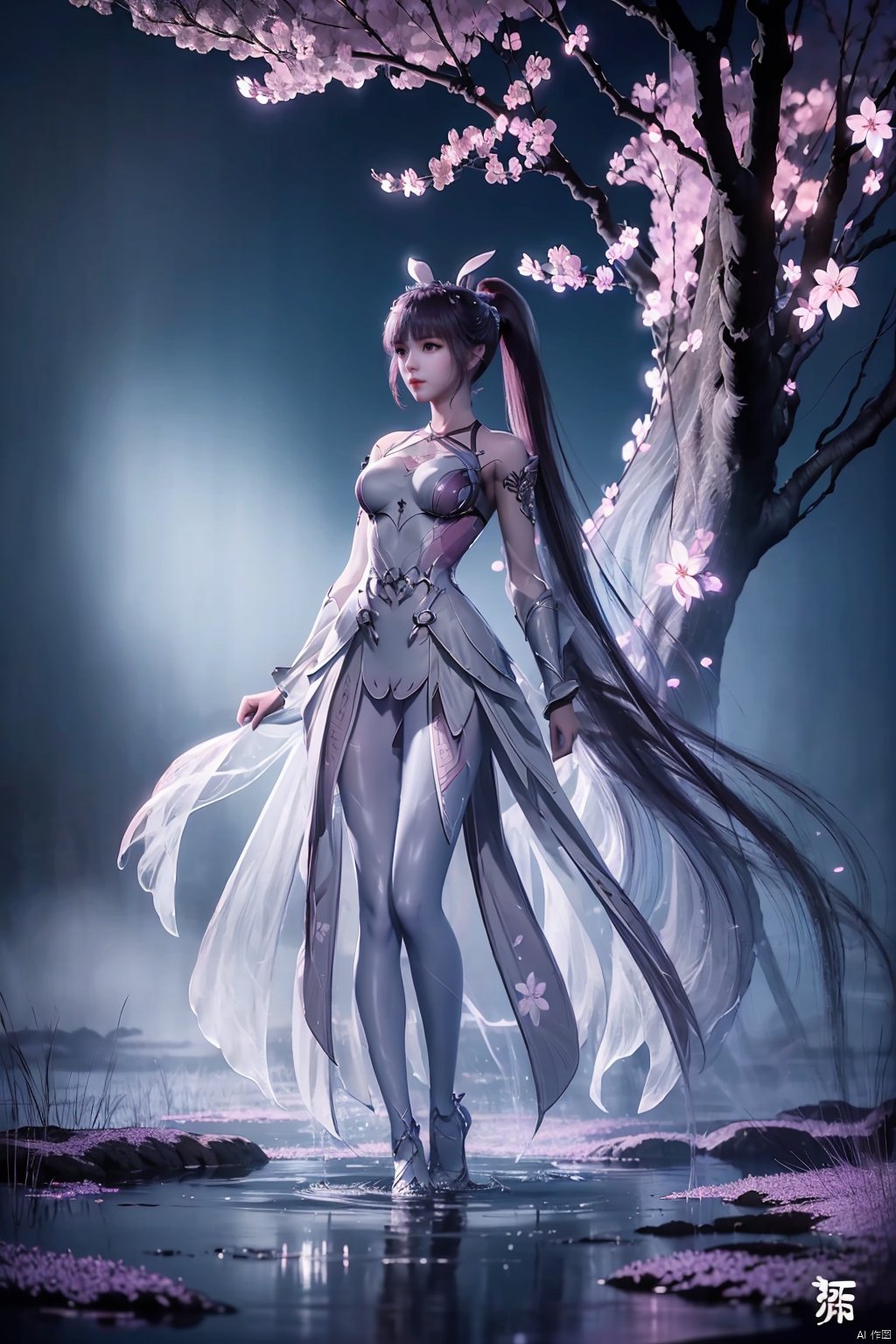  ,full body,(exploring cherry blossom branches:1.2),wonderland,light blue element,night,side light shining on the face,highlights, xiaowu