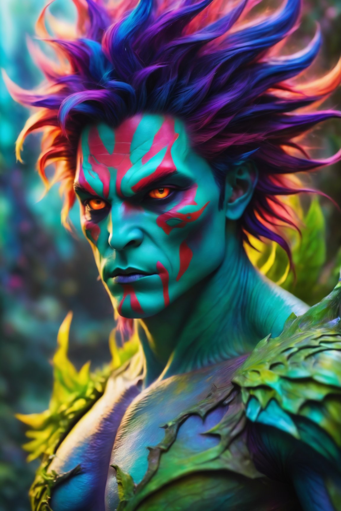 (best quality, 8K, highres, masterpiece), ultra-detailed, (photorealistic, cinematic), illustration painting of a luminous and enchanting bad guy undead/human-like creature with vibrant and dynamic anime-style colors. The creature, with dark, colorful hair, strikes a dynamic pose in a brilliantly lit fantasy realm environment filled with a kaleidoscope of colors. The mid-shot composition and rule of thirds depth of field emphasize intricate details, creating a fantastical realm that bursts with subtle and vibrant colors. The use of light particles enhances the scene's grandeur and awe, making it a stunning visual masterpiece in a double-exposure style. The strong outlines contribute to the scene's cinematic feel, creating a super colorful and visually captivating narrative