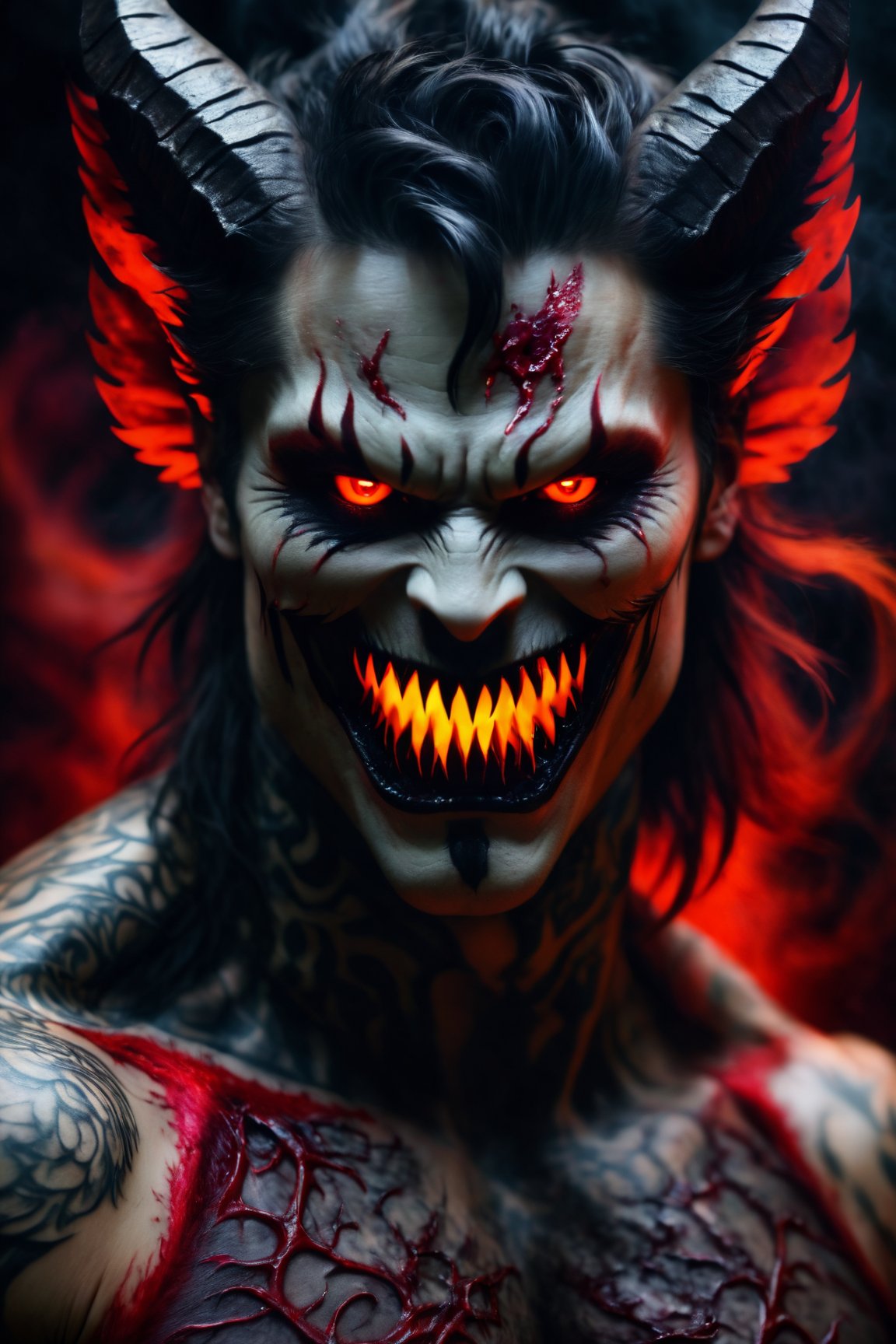 (best quality,4k,8k,highres,masterpiece:1.2),ultra-detailed,(realistic,photorealistic,photo-realistic:1.37),dark devil,red neon eyes,blood particle theme,mid length hair,stunning horns,fiery gaze,tattooed body,ominous aura,demonic wings,sharp fangs,menacing grin,sinister atmosphere,smokey background,dark shadows,intense red lighting,vivid colors