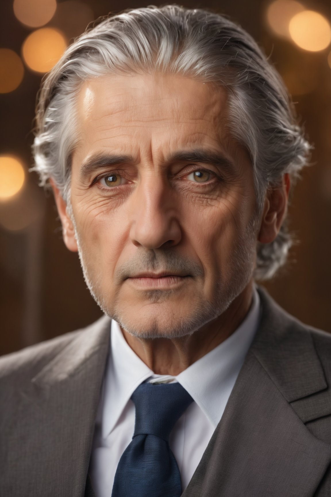 (best quality,4k,8k,highres,masterpiece:1.2),ultra-detailed,(realistic,photorealistic,photo-realistic:1.37),man, grey haired, portrait, detailed face, expressive eyes, defined wrinkles, dignified expression, sophisticated appearance, elegant attire, studio lighting, subtle background, calm color palette