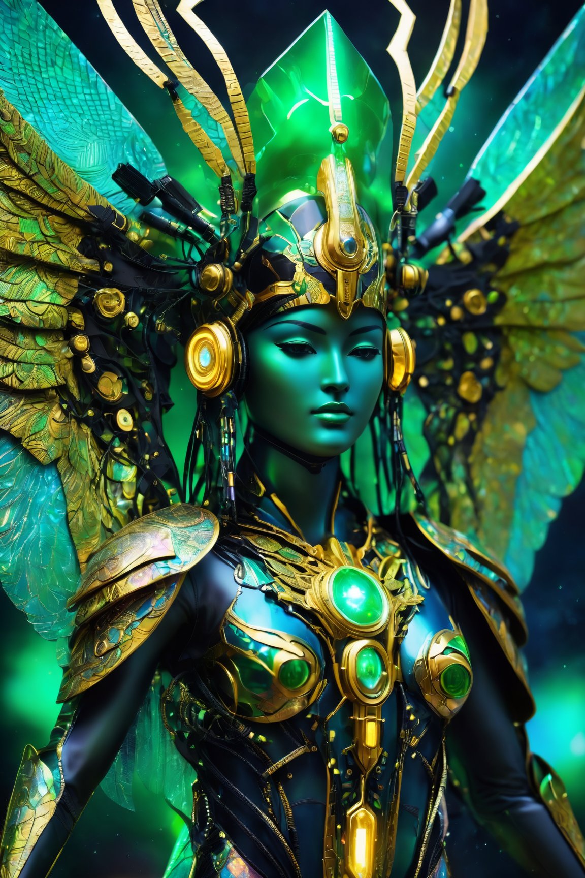 (best quality,8K,highres,masterpiece), ultra-detailed, (celestial cyborg god), depiction of a dazzling full-body celestial cyborg god with large metallic wings, glowing circuits, and intricate laser etchings. The color palette consists of green, yellow, and black, adding to the futuristic yet divine aura of the being. This otherworldly entity is captured in a stunning high fashion photograph, showcasing every intricate detail with precision and flair. The cyborg is adorned in a sleek, avant-garde outfit made of shimmering holographic fabrics and ethereal accessories that complement its cybernetic features. The overall composition is vibrant, surreal, and utterly captivating, merging cutting-edge technology with celestial elegance in a visually striking and mesmerizing manner