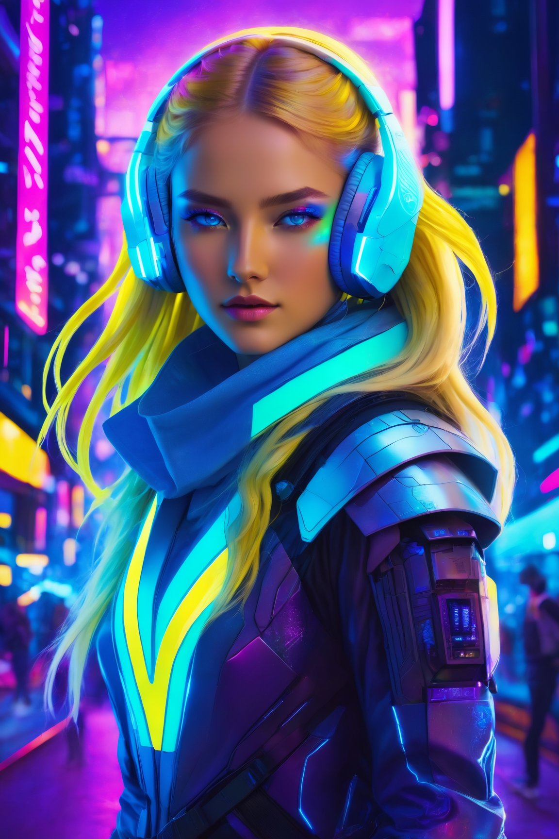 (best quality,4k,8k,highres,masterpiece:1.2),ultra-detailed,1girl,long yellow hair,blue eyes,futuristic vibes,mask,headphones,glowing eyes,neon lights,cyberpunk style,colorful, cityscape, animated,high-tech gadgets,reflective surfaces,shiny metallic accessories,holographic displays,urban setting:1.1,vibrant colors,edgy atmosphere,sci-fi fashion,urban ninja,cool pose,urban nightlife,street art graffiti, spray painted everywhere,light trails,nighttime ambiance:1.1,futuristic architecture,technological advancements,advanced transportation systems,enhanced vision,confidence, (attitude:1.1)