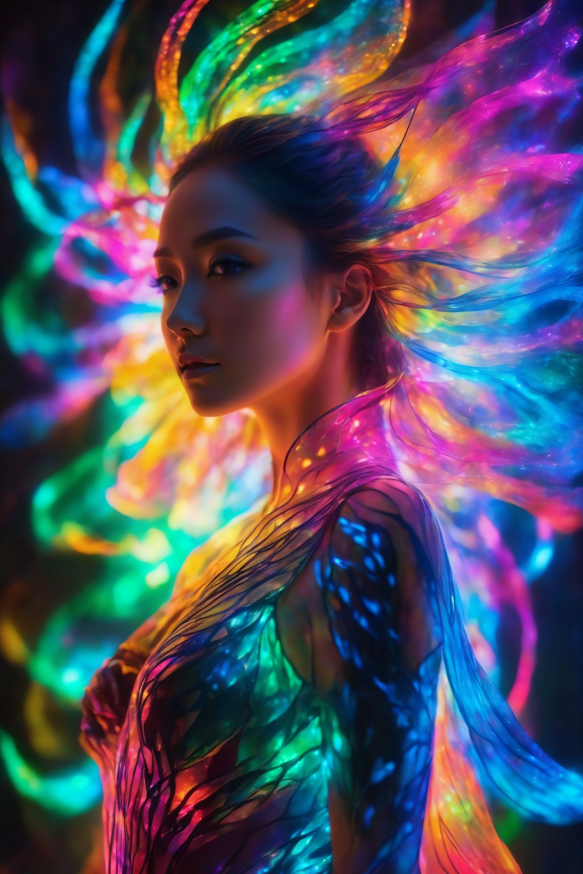 silhouette of a woman, phantasmagorical figure, translucent skin, translucent body, portrait, neon lights, light particles, colorful, cmyk colors, backlit, best quality, 4k, 8k, highres, masterpiece:1.2, ultra-detailed, HDR, UHD, studio lighting, ultra-fine painting, sharp focus, physically-based rendering, extreme detail description, professional, vivid colors, bokeh, portraits, landscape, horror, anime, sci-fi, photography, concept artists, vibrant color palette, soft and warm lighting