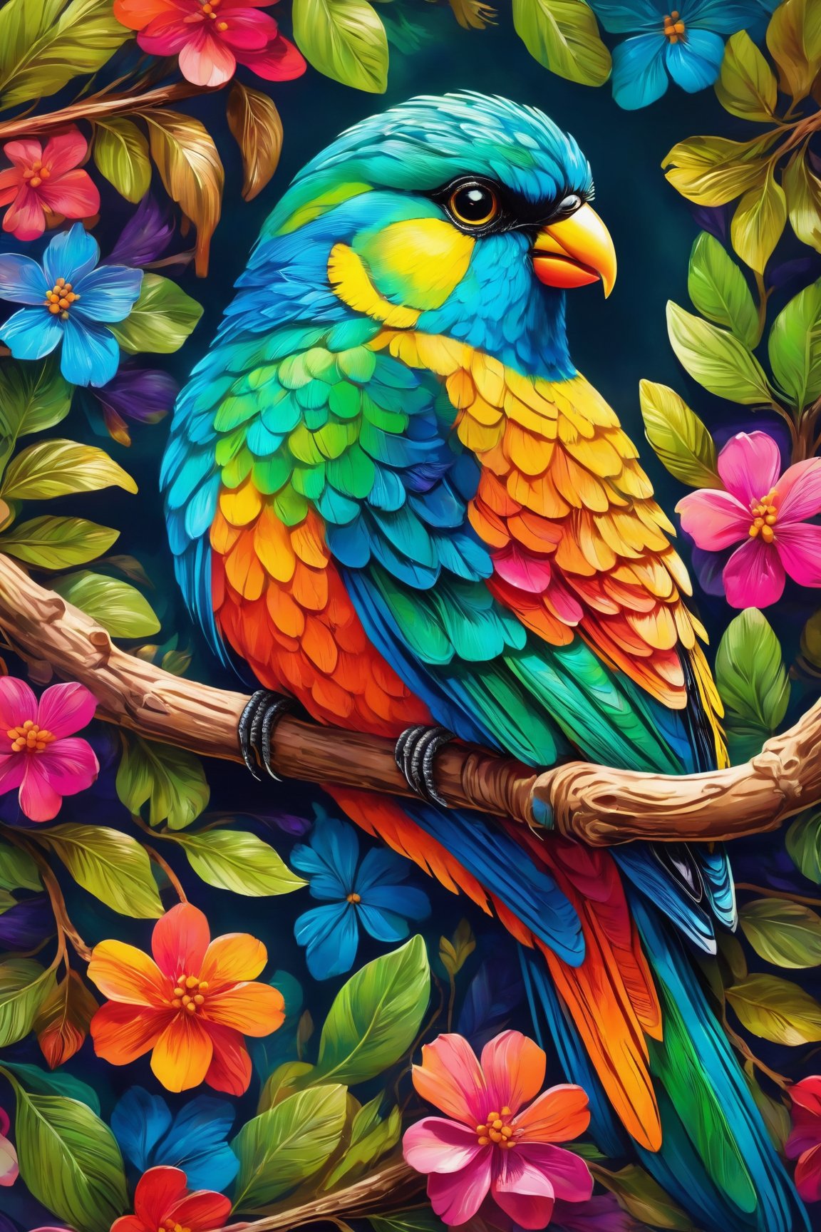 a colorful bird sitting on a tree branch, capturing the intricate details with macro photography, vibrant colors and the smallest of details, showcasing the beauty of nature, (best quality, 4K, highres, realistic:1.37) to ensure a masterpiece, capturing the bird's feather patterns in ultra-detailed precision, emphasizing the distinct hues and shades, highlighting the bird's unique characteristics, the luscious green of the tree branch contrasting with the rich, vibrant colors of the bird, creating a visually stunning image, with studio lighting to enhance the bird's features, capturing its beady eyes and delicate beak, the soft glow of natural sunlight illuminating the scene, creating a warm and welcoming atmosphere.