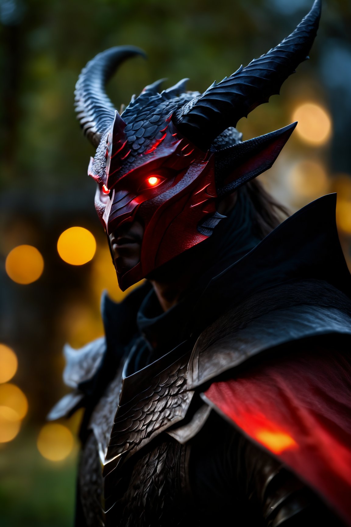 realistic, photo, film grain, black dragonborn, solo, red eyes, male, upper body, male focus, horns, cape, armor, glowing, glowing eyes, volumetrics dtx, (film grain, blurry background, blurry foreground, bokeh, depth of field, motion blur, realistic:1.3), ((masterpiece, best quality))