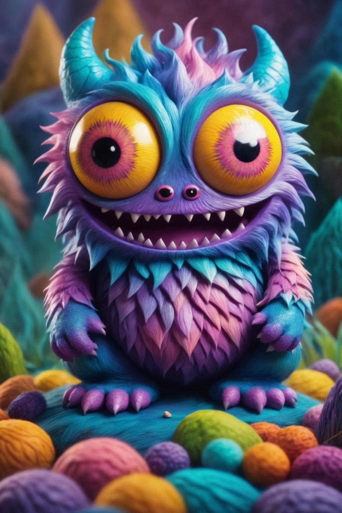 (best quality,8K,highres,masterpiece), ultra-detailed, capturing the whimsical essence of a cute, tiny monster with a distinctly creepy smile. This creature, while small in stature, boasts an array of vibrant colors and textures, making it stand out with its unique charm. Despite its eerie grin, there's an undeniable allure to its appearance, blending elements of the adorable with the slightly unsettling. The monster's eyes sparkle with mischief, suggesting a playful nature behind its unnerving smile. Its skin is highly textured, showcasing an array of soft, pastel shades that contrast with the darker, more mysterious tones of its grin. The background is deliberately blurred, focusing attention on the creature's expressive face and the intricate details that define its character. This portrayal combines the innocent with the eerie, inviting viewers into a world where even the smallest monsters carry a mix of cuteness and mystery.