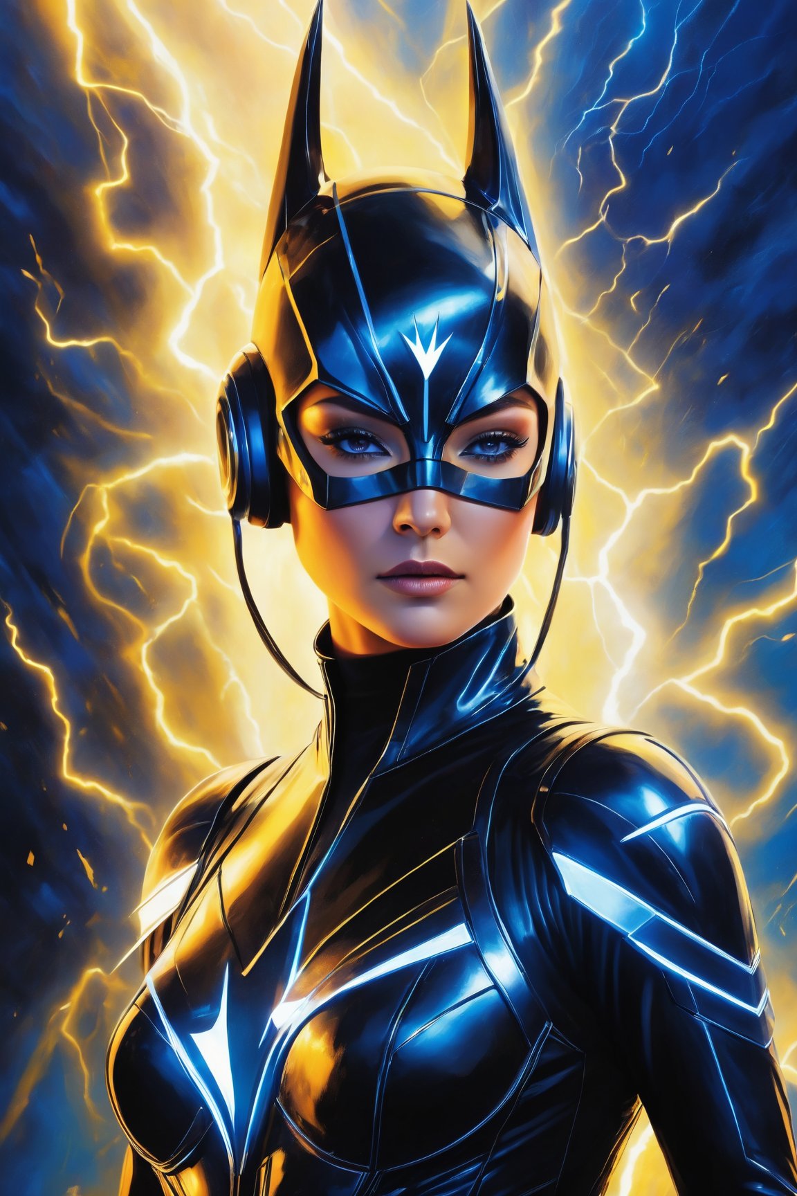 (best quality,8K,highres,masterpiece), ultra-detailed, featuring a woman adorned in a tight-fitting black suit with reflective qualities. The suit glows in the dark shades of the background, emanating an otherworldly luminescence that adds to the character's mysterious and heroic aura. Distinct bat-like ears protrude from the woman's head, further enhancing her enigmatic appearance. The scene is filled with dynamic lightning bolts, creating a stark contrast with the bright whites and blues of the surroundings. This artwork captures the essence of strength, mystery, and power, as the woman stands ready to face whatever challenges come her way, her silhouette cutting through the darkness like a beacon of hope.