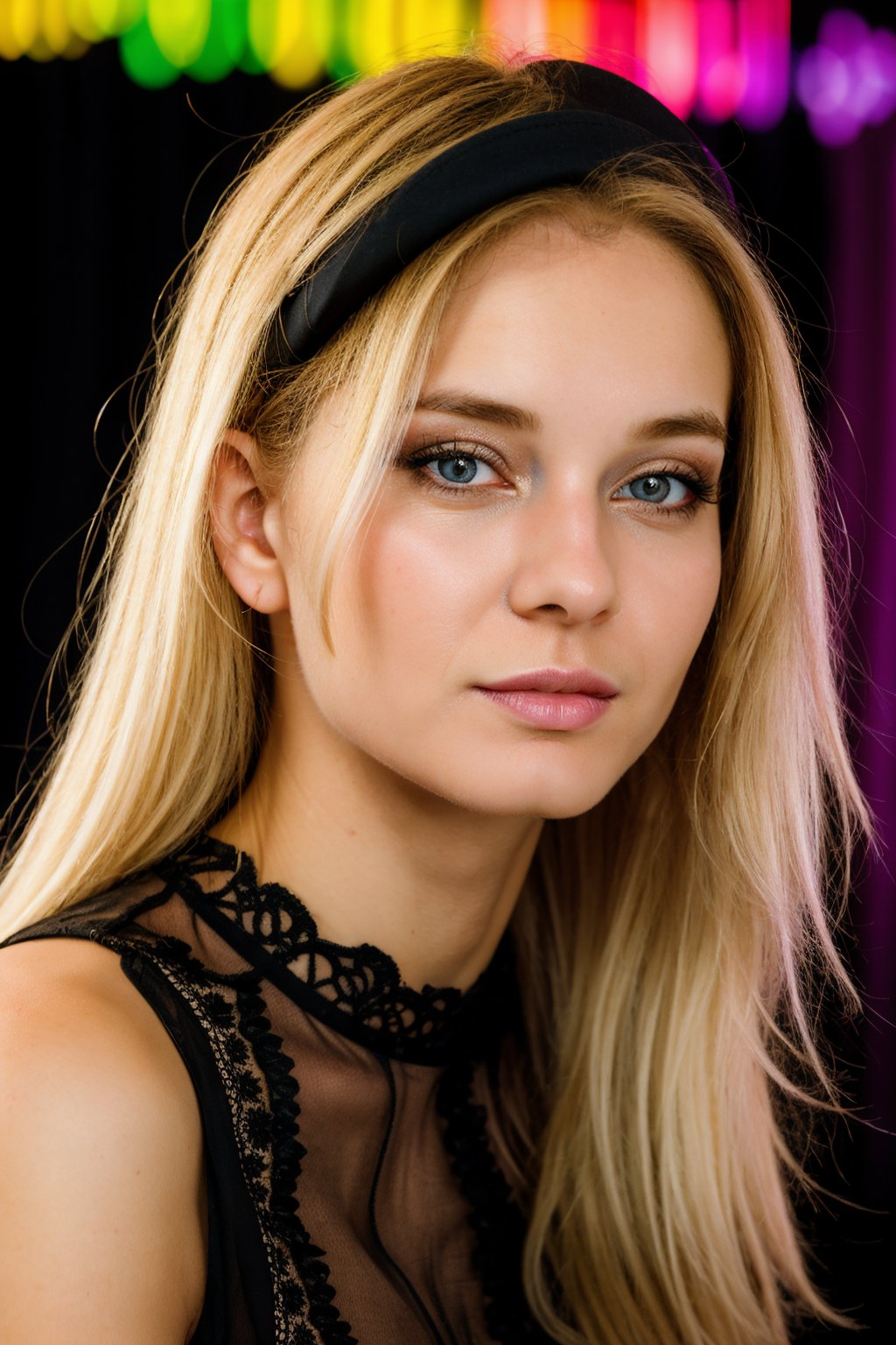 a portrait of the wo_natand01, headshot_portrait, blonde hair, wearing a lace black shirt, colorful background, global illumination, high details, UHD, RAW, HDR effect, beautiful, aesthetic, perfect lighting, thin nose, woman