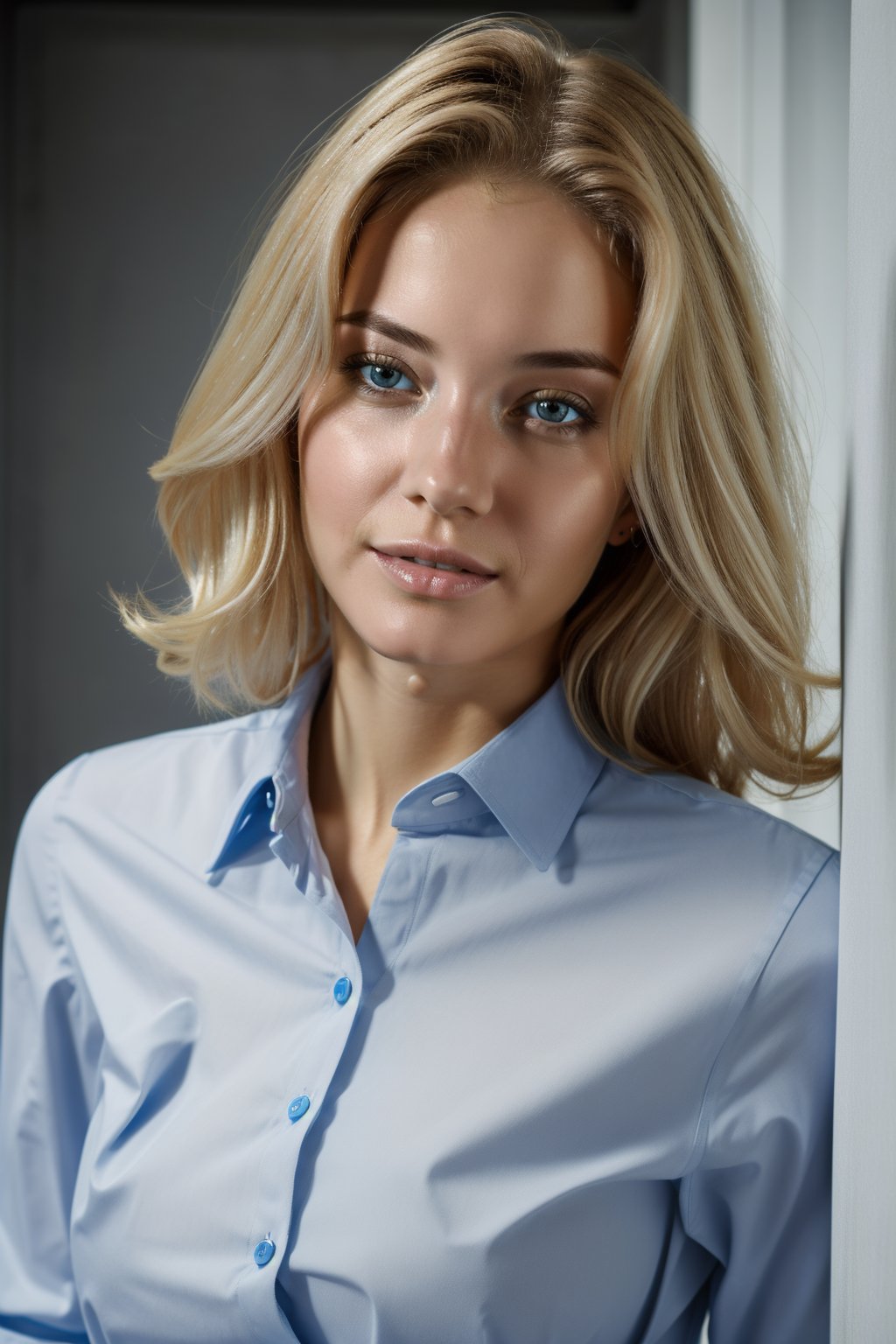a portrait of a wo_natand01,  with blonde hair,  young,  smooth skin,  (upper body shot:1.2),  intricate details,  hyperdetailed,  cinematic,  high key,  hdr,  shoulders covered,  blue business shirt