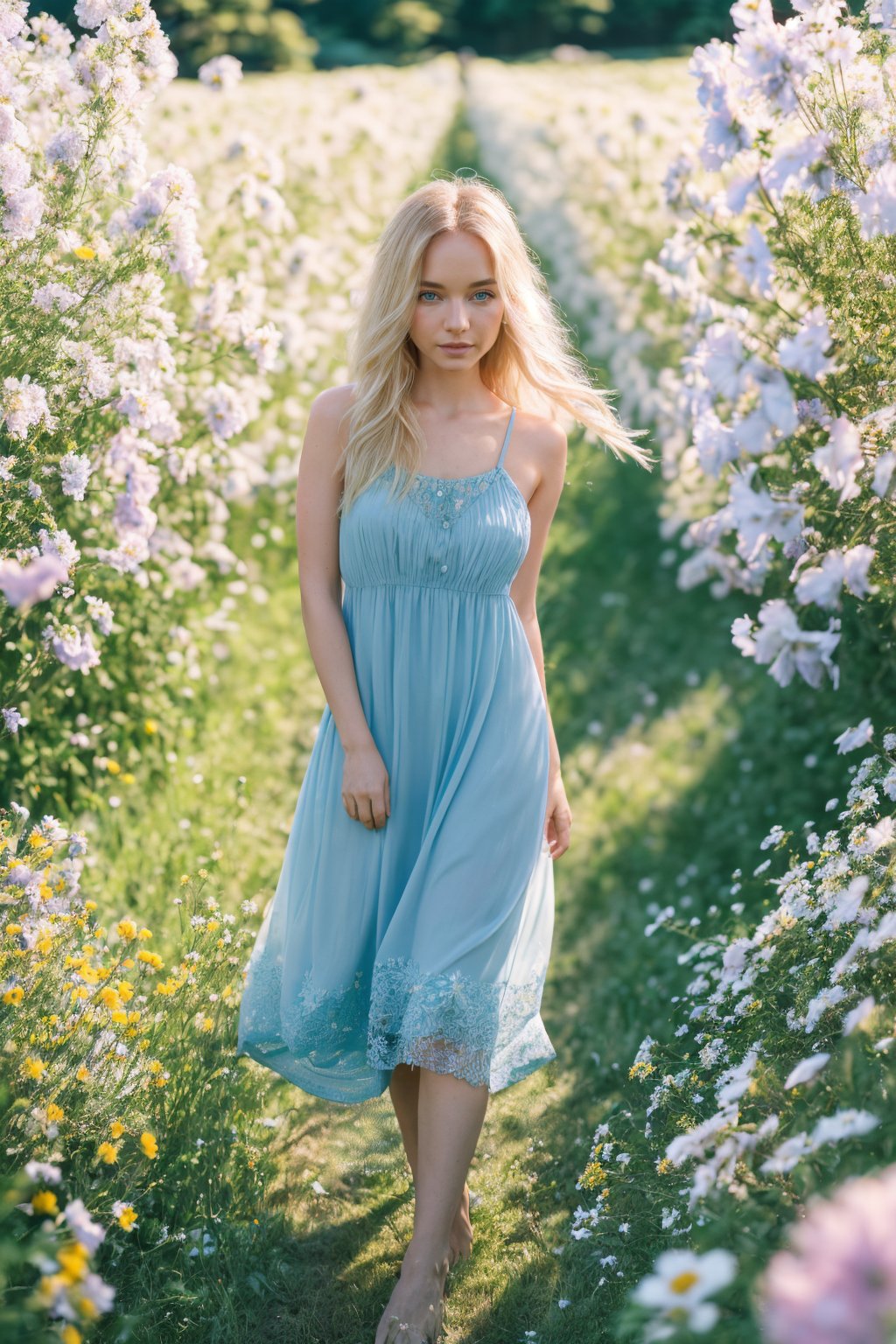 full body, delicate traits, Sharp Focus, (wo_natand01), low key lighting, shot on Lumix GH5, cinematic bokeh, blue sundress, blonde, long hair, (field of flowers at background, blurry background:1.2), 8k, dslr
