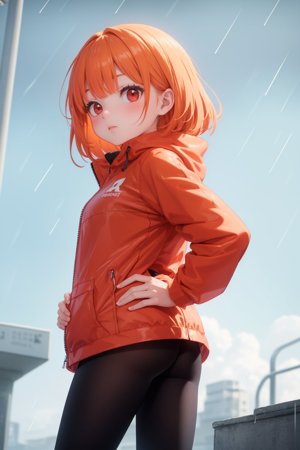 masterpiece, best quality, 1girl, hand on hip, orange hair, red eyes, rain jacket, from bottom, blue sky