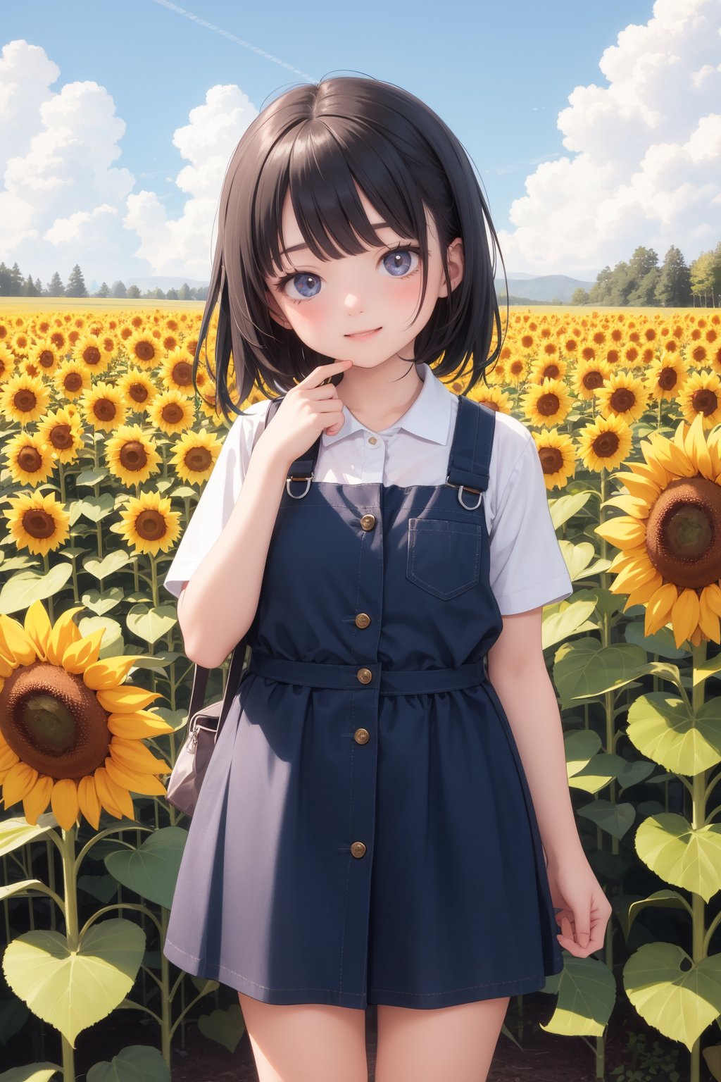 masterpiece, best quality, 1girl, looking at viewer, happy, blue sky, sunflower, gardener outfit