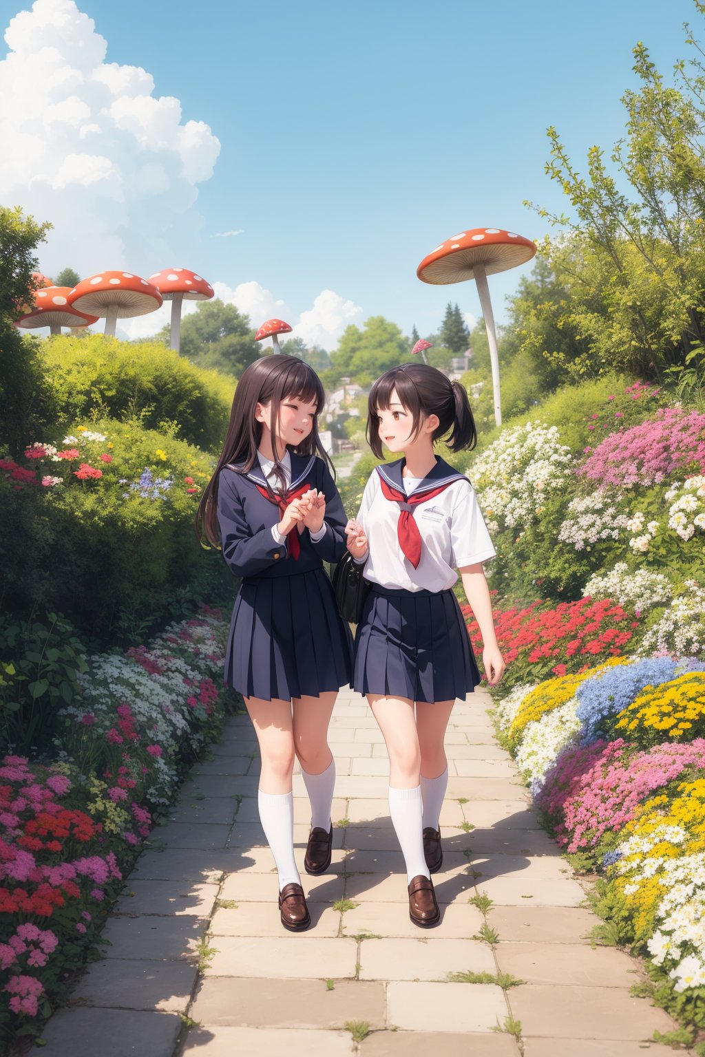 masterpiece, best quality, 2girls, school uniform, walking, colorful garden flowers, red mushroom, blue sky, happy, looking each other, cobblestone