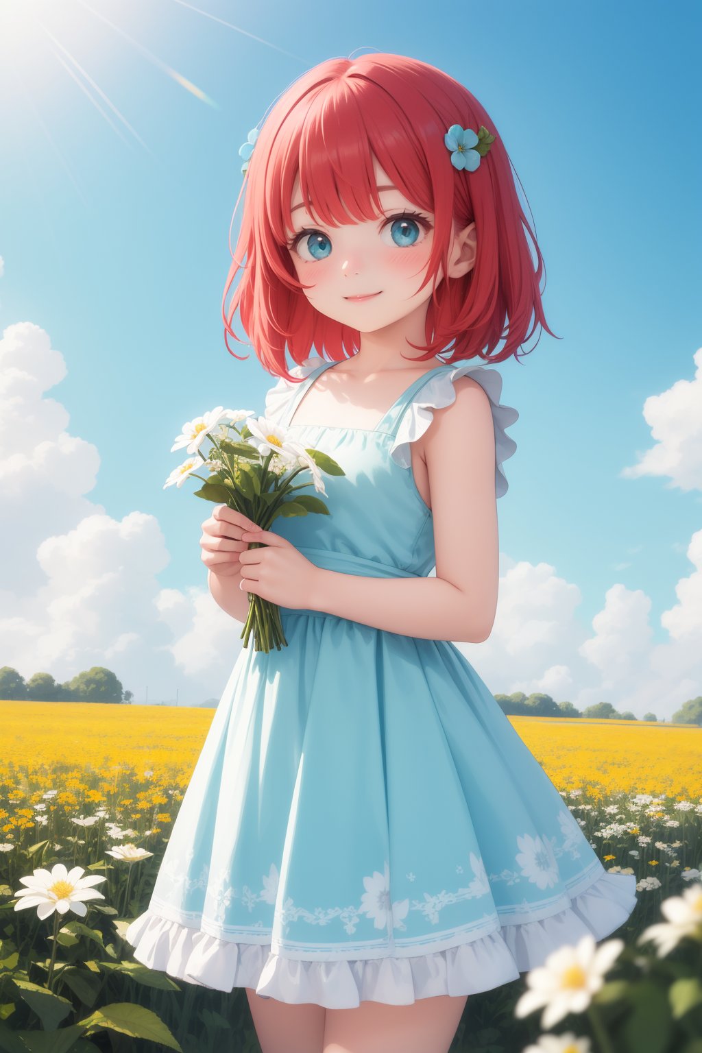 Masterpiece,best quality, 1girl, red hair, aqua eyes, smile, cute dress, shy, outdoors, blue sky, looking at viewer, close view, hair pin, holding flowers, puffy