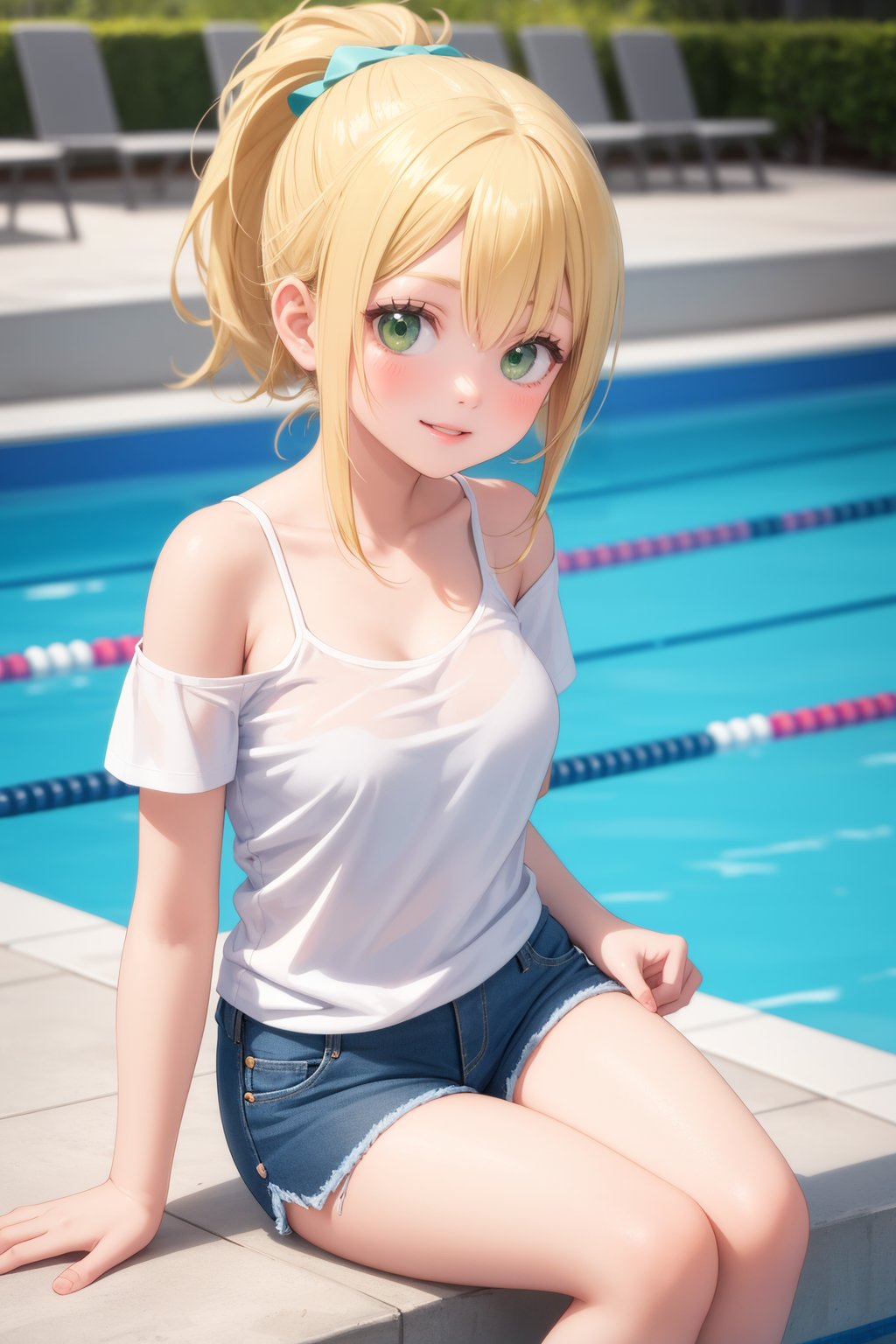 masterpiece, best quality, 1girl, sitting, pool, oversized shirt bare shoulders, denim shorts, light smile, ponytail, blonde, green eyes