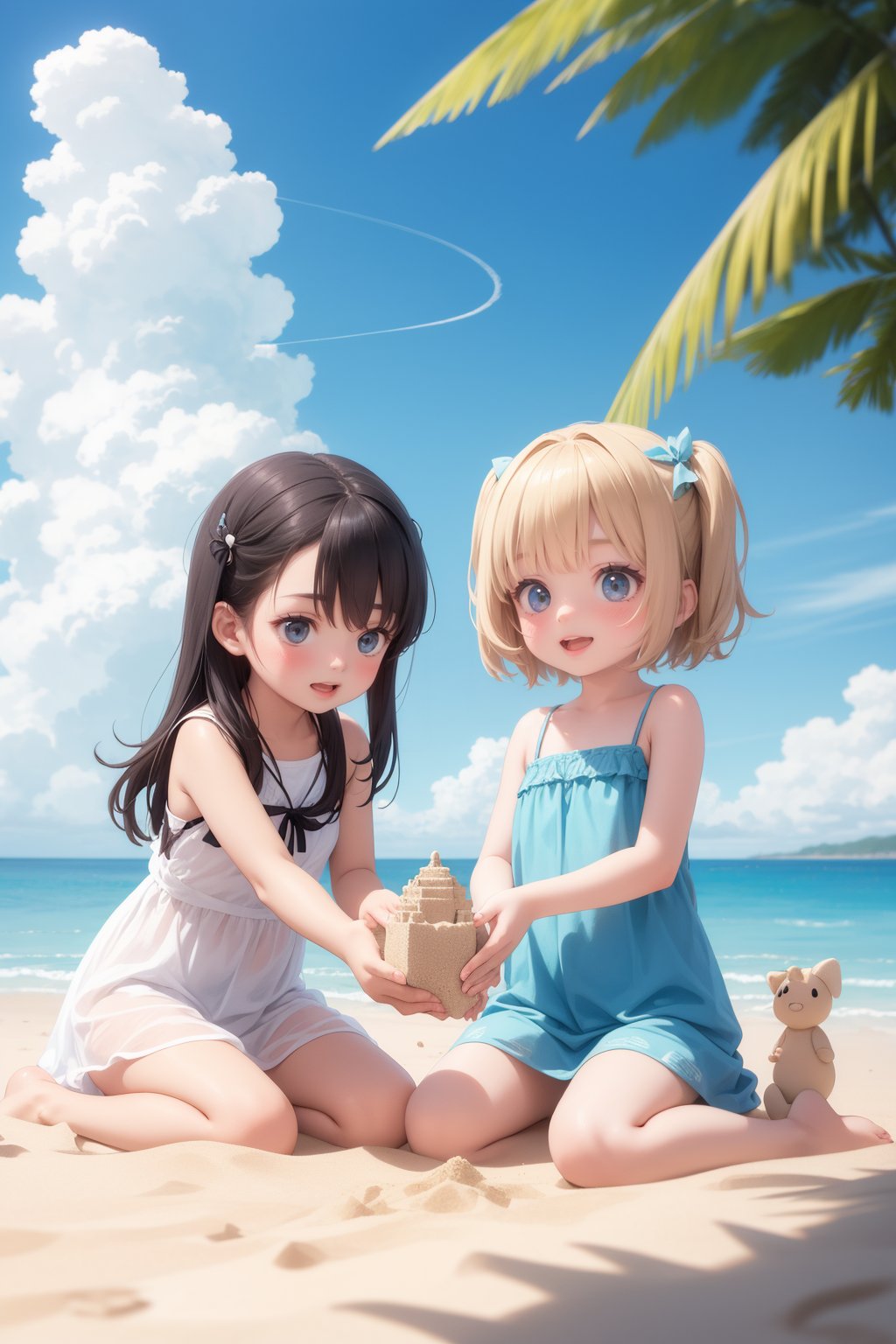 masterpiece, best quality, 2girls, playing sand castle, summer beach, sundress, happy, blue sky, cloud trail