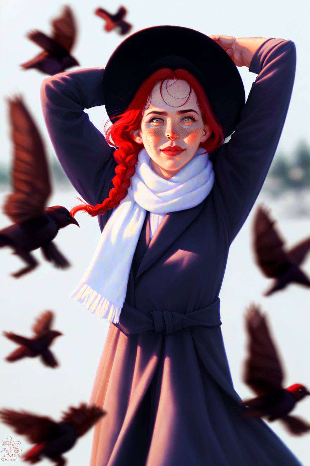 Pauline_Voß_style_lora_by_niolas, 1girl, long hair, looking at viewer, hat, upper body, braid, red hair, scarf, blurry, arm up, lips, coat, bird, leaf, wind, freckles, realistic, white scarf<lora:EMS-309264-EMS:0.600000>