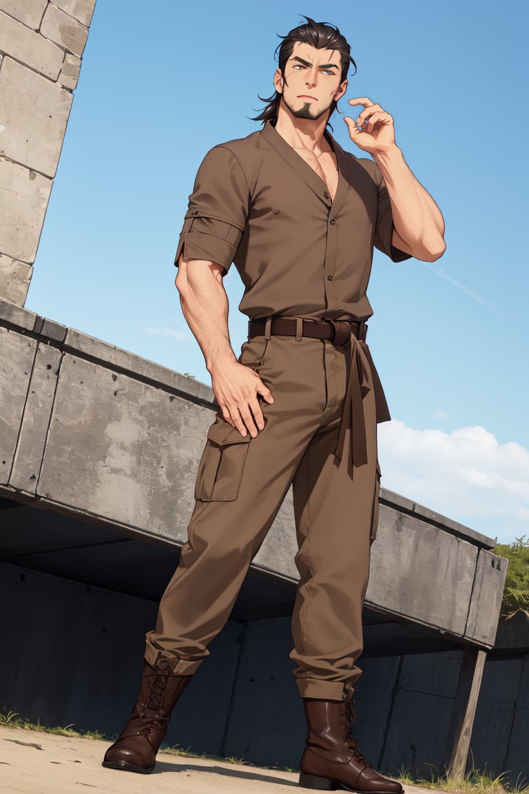 (1 image only), solo male, Kaburagi, Deca Dence, greying black hair, slicked back hair, thick eyebrows, sideburns, goatee, green eyes, scar, tucked-in wide necked short-sleeved pure white shirt, sleeves tucked up and buttoned, short sleeves, olive wide worker pants, black belt tied, brown boots. simplpe leather bracelet, toned male, mature, handsome, charming, alluring, standing, hand on waist, perfect anatomy, perfect proportions, best quality, masterpiece, high_resolution, dutch angle, outdoors, day, blue sky, science fiction, citadel on sky, photo background, better_hands, (perfect hand, perfect fingers:1.4),Kaburagi