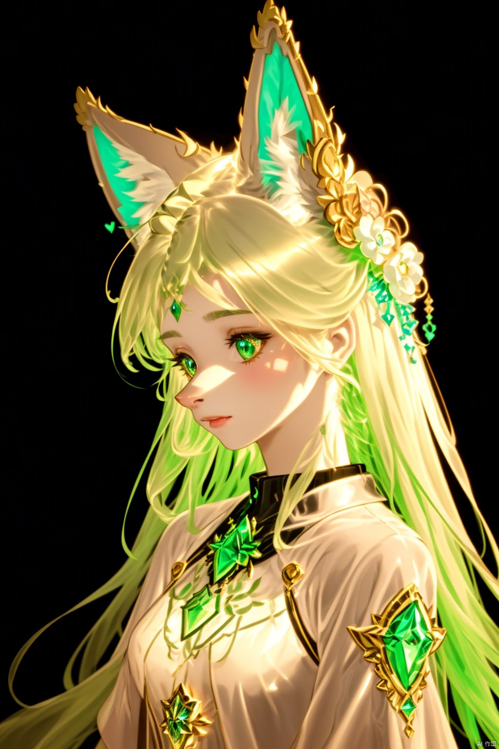  half furry,animal ears,furry:1.3, extremely delicate iridiscent a woman made of Translucent glowing glass, translucent, tiny golden accents, beautifully and intricately detailed, ethereal glow, whimsical, art by Mschiffer, best quality, glass art, magical holographic glow, half furry, FURRY,simple background,in the dark,