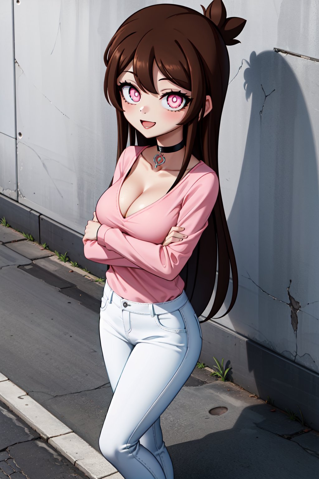 (1girl,solo,Charlotte, brown hair, long hair, pink eyes, symbol-shaped pupils, choker, pink shirt, long sleeves, cleavage, white pants,happy,standing, looking at viewer, crossing arms)
