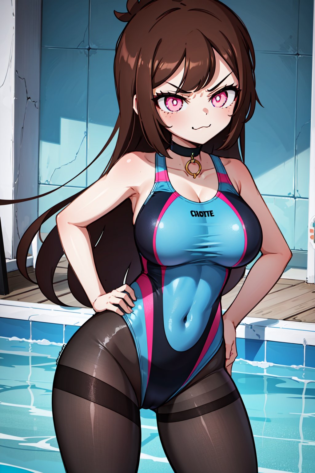 (1girl,solo,Charlotte, brown hair, long hair, pink eyes, symbol-shaped pupils, choker,(competition swimsuit,blue swimsuit, black pantyhose),happy,hands on hip, looking at viewer, crossing arms,upper body,angry, closed mouth, large breasts)