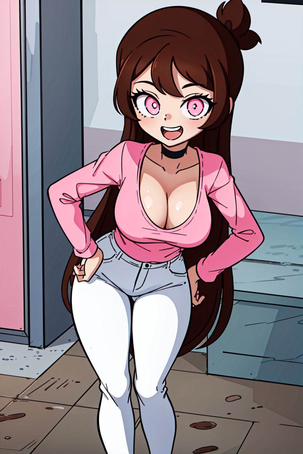 (1girl,solo,Charlotte, brown hair, long hair, pink eyes, symbol-shaped pupils, choker, pink shirt, long sleeves, cleavage, white pants,happy,standing, looking at viewer, crossing arms)