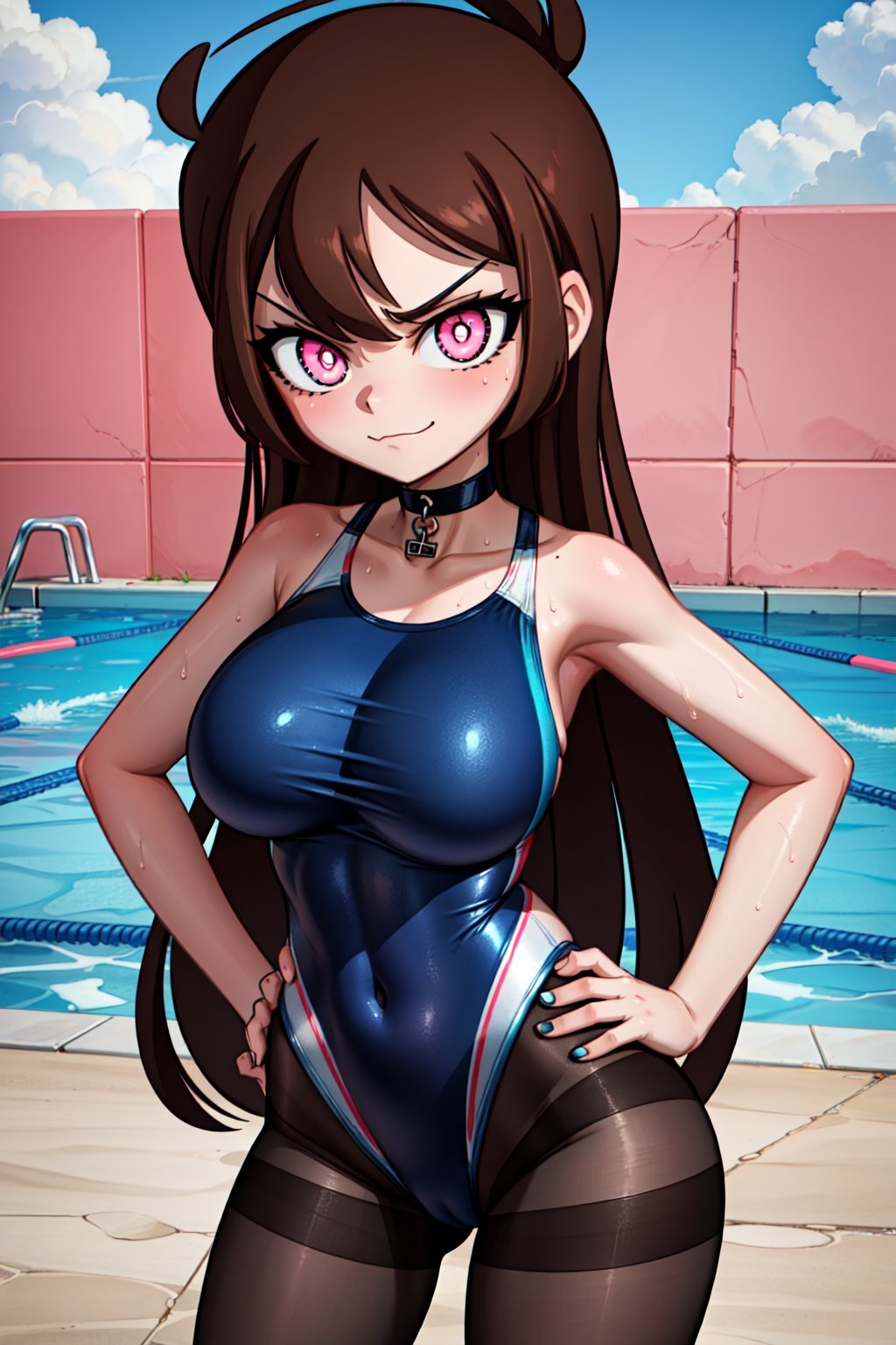 (1girl,solo,Charlotte, brown hair, long hair, pink eyes, symbol-shaped pupils, choker,(competition swimsuit,blue swimsuit, black pantyhose),happy,hands on hip, looking at viewer, crossing arms,upper body,angry, closed mouth, large breasts)