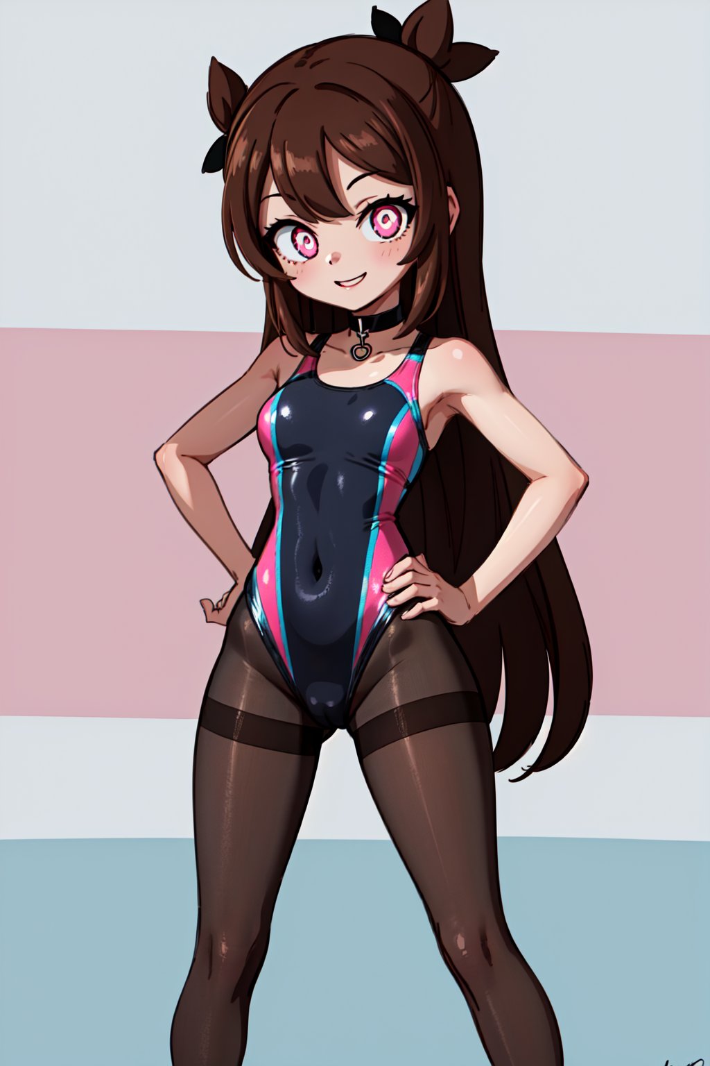 (1girl,solo,Charlotte, brown hair, long hair, pink eyes, symbol-shaped pupils, choker,(competition swimsuit,black pantyhose),happy,hands on hip, looking at viewer, crossing arms)