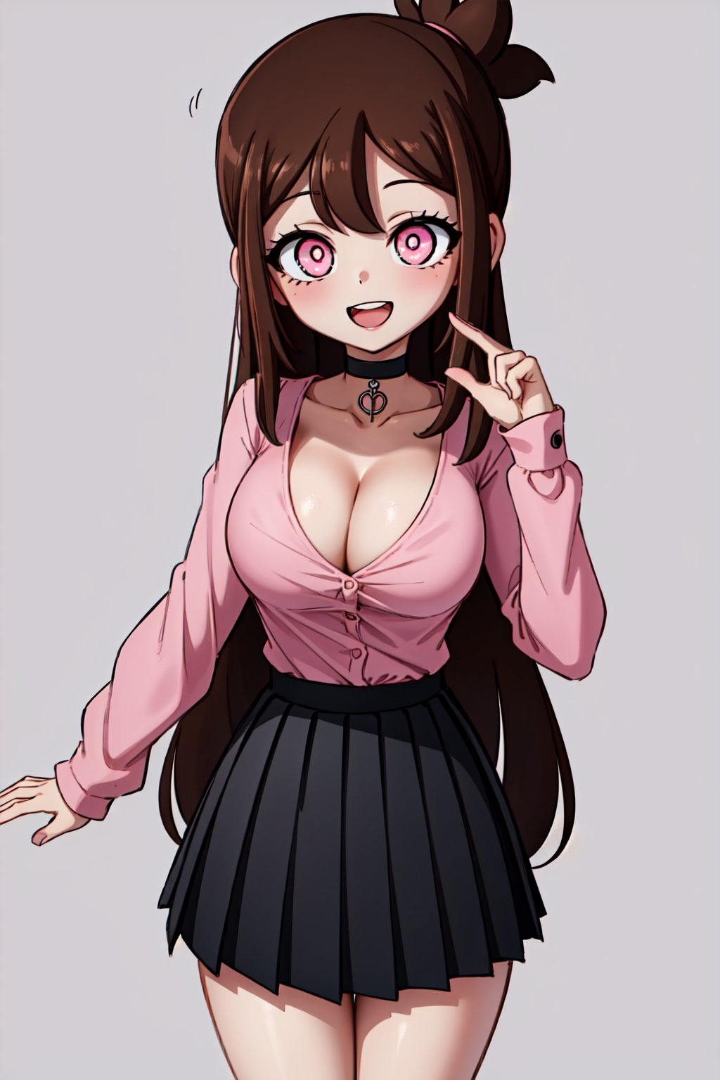 (1girl,solo,Charlotte, brown hair, long hair, pink eyes, symbol-shaped pupils, choker, pink shirt, long sleeves, cleavage, pleated skirt, black skirt,happy,standing, looking at viewer)