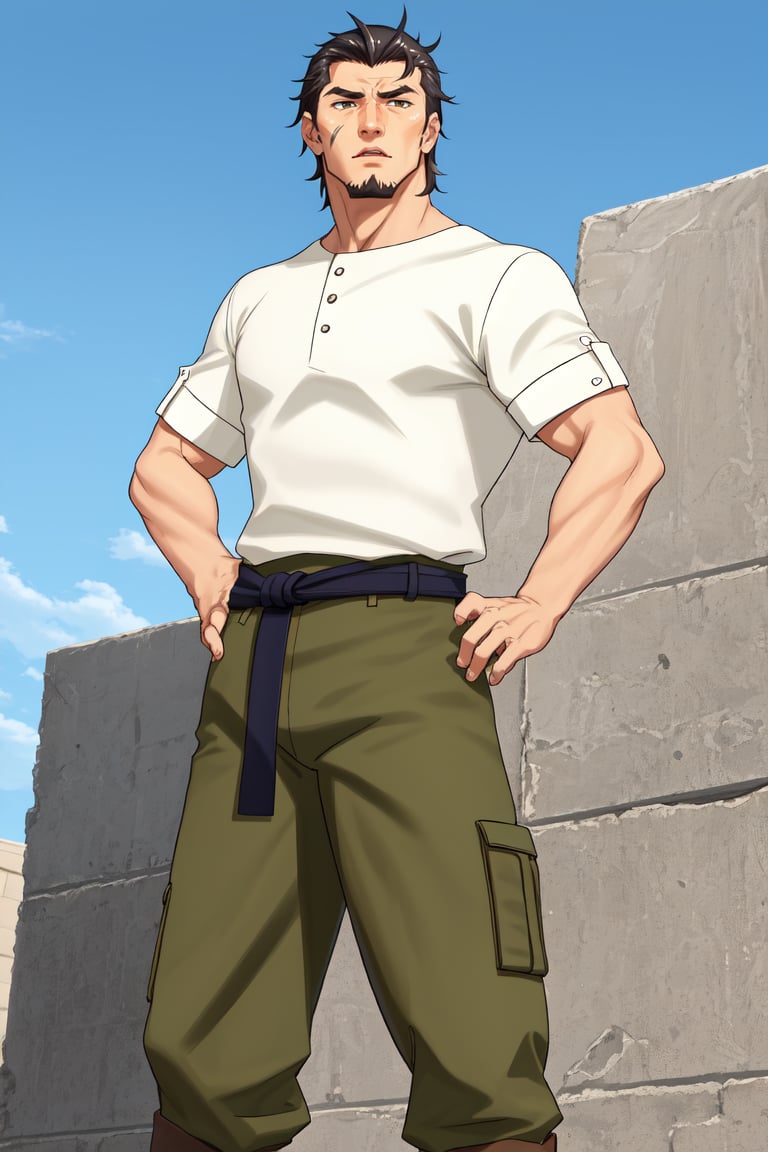 (1 image only), solo male, Kaburagi, Deca Dence, greying black hair, slicked back hair, thick eyebrows, sideburns, goatee, green eyes, scar, tucked-in wide necked short-sleeved pure white shirt, sleeves tucked up and buttoned, short sleeves, olive wide worker pants, black belt tied, brown boots. simplpe leather bracelet, toned male, mature, handsome, charming, alluring, standing, hand on waist, perfect anatomy, perfect proportions, best quality, masterpiece, high_resolution, dutch angle, outdoors, day, blue sky, science fiction, citadel on sky, photo background, better_hands, (perfect hand, perfect fingers:1.4)