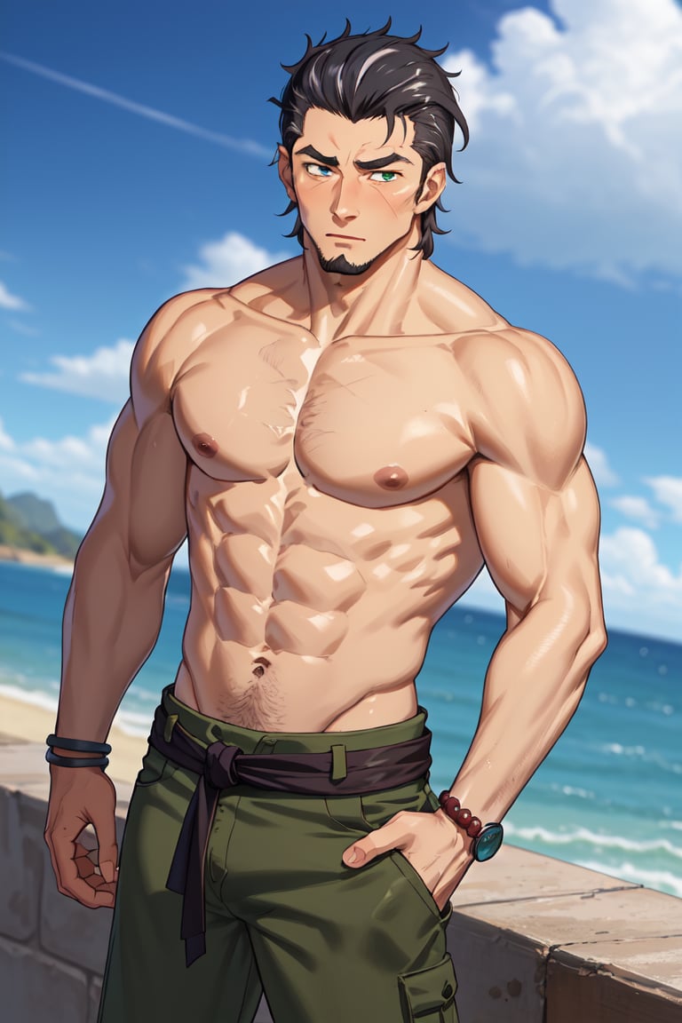 (1 image only), solo male, Kaburagi, Deca Dence, greying black hair, slicked back hair, thick eyebrows, sideburns, goatee, green eyes, scar, topless, shirtless, bare chest, bare shoulder, bare arms, bare belly, olive wide worker pants, brown boots. simplpe leather bracelet, toned male, mature, handsome, charming, alluring, blush, hand in pocket
, upper body, perfect anatomy, perfect proportions, best quality, masterpiece, high_resolution, dutch angle, cowboy shot, outdoors, day, blue sky, science fiction, photo background, better_hands, (perfect hand, perfect fingers:1.1), (1man)