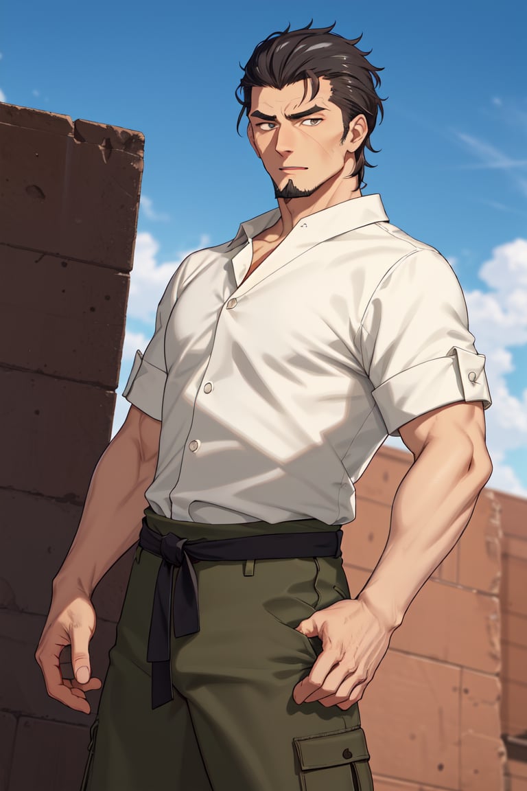 (1 image only), solo male, Kaburagi, Deca Dence, greying black hair, slicked back hair, thick eyebrows, sideburns, goatee, green eyes, scar, tucked-in wide necked short-sleeved white shirt, sleeves tucked up and buttoned, short sleeves, olive wide worker pants, black belt tied, brown boots. simplpe leather bracelet, toned male, mature, handsome, charming, alluring, standing, hand on waist, perfect anatomy, perfect proportions, best quality, masterpiece, high_resolution, dutch angle, outdoors, day, blue sky, science fiction, citadel on sky, photo background, better_hands, (perfect hand, perfect fingers:1.4)