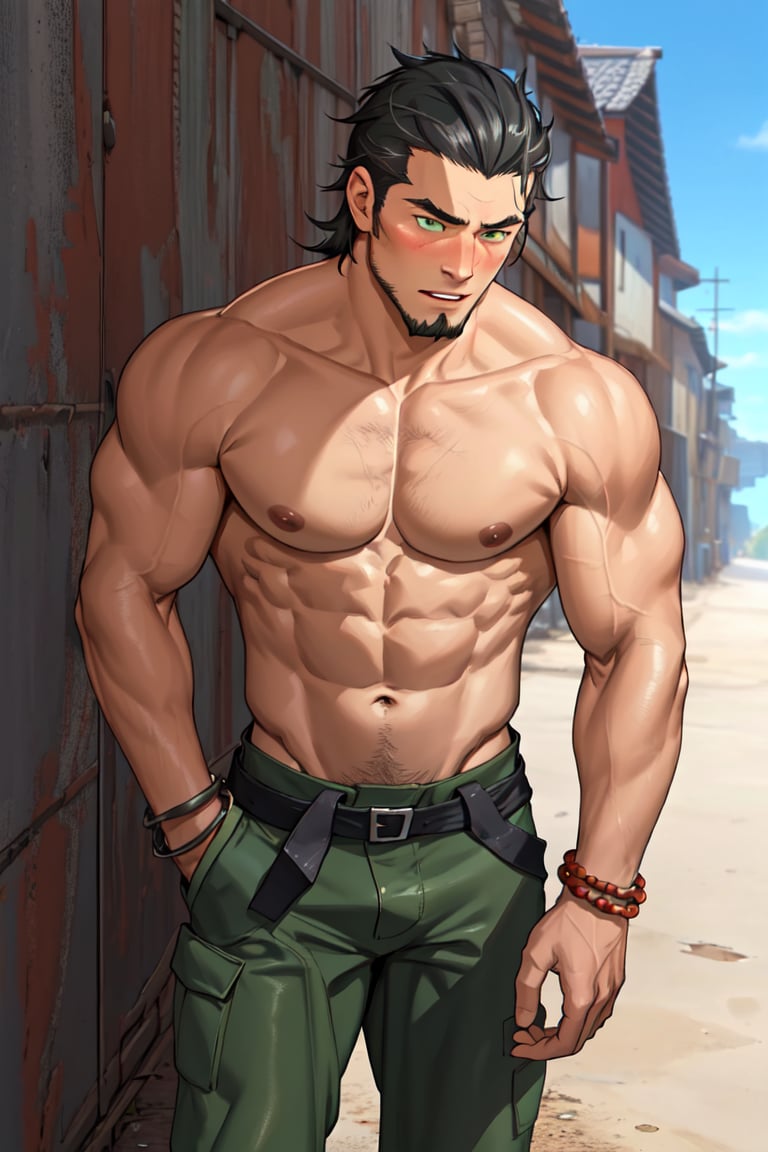 (1 image only), solo male, Kaburagi, Deca Dence, greying black hair, slicked back hair, thick eyebrows, sideburns, goatee, green eyes, scar, topless, shirtless, bare chest, bare shoulder, bare arms, bare belly, olive wide worker pants, brown boots. simplpe leather bracelet, toned male, mature, handsome, charming, alluring, blush, hand in pocket
, upper body, perfect anatomy, perfect proportions, best quality, masterpiece, high_resolution, dutch angle, cowboy shot, outdoors, day, blue sky, science fiction, photo background, better_hands, (perfect hand, perfect fingers:1.1), (1man)