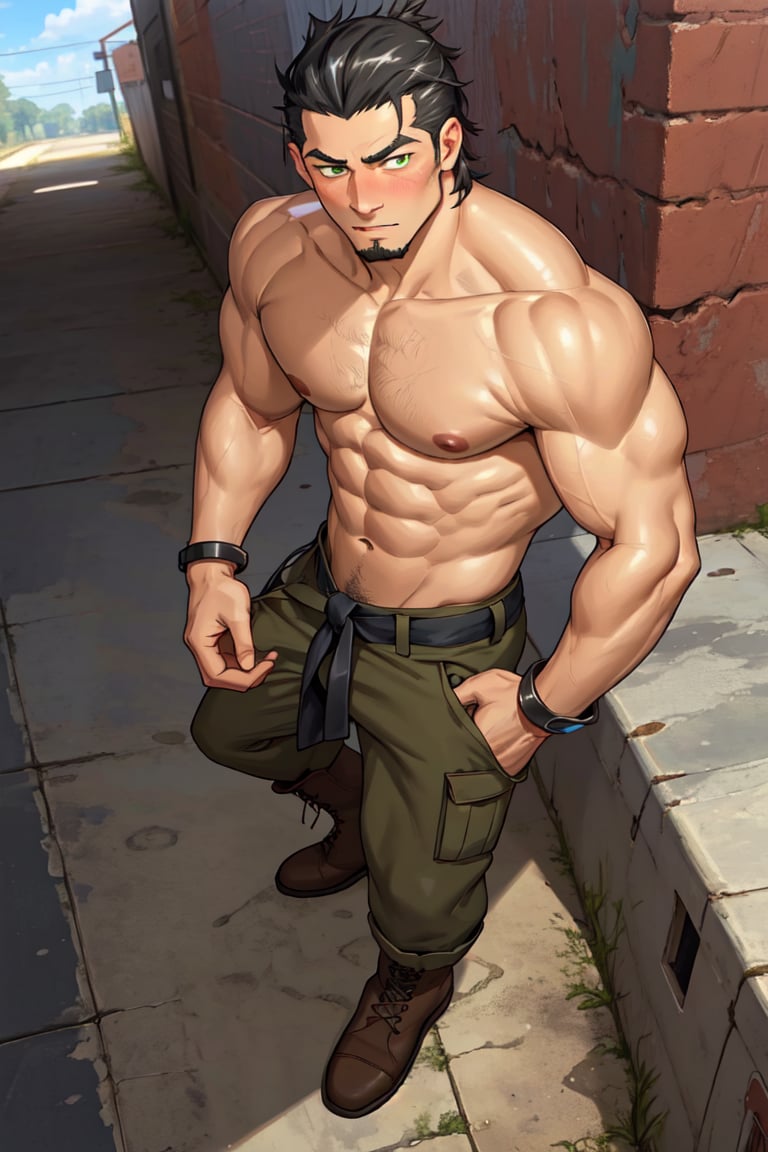 (1 image only), solo male, Kaburagi, Deca Dence, greying black hair, slicked back hair, thick eyebrows, sideburns, goatee, green eyes, scar, topless, shirtless, bare chest, bare shoulder, bare arms, bare belly, olive wide worker pants, open fly, brown boots. simplpe leather bracelet, toned male, mature, handsome, charming, alluring, blush, hand in pocket, perfect anatomy, perfect proportions, best quality, masterpiece, high_resolution, dutch angle, outdoors, day, blue sky, science fiction, photo background, better_hands, (perfect hand, perfect fingers:1.1), (1man)