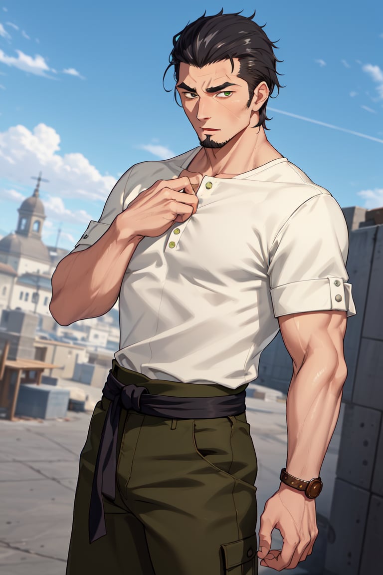 (1 image only), solo male, Kaburagi, Deca Dence, greying black hair, slicked back hair, thick eyebrows, sideburns, goatee, green eyes, scar, tucked-in wide necked short-sleeved white shirt, sleeves tucked up and buttoned, short sleeves, olive wide worker pants, black belt tied, brown boots. simplpe leather bracelet, toned male, mature, handsome, charming, alluring, blush, perfect anatomy, perfect proportions, best quality, masterpiece, high_resolution, dutch angle, outdoors, day, blue sky, science fiction, citadel on sky, photo background, better_hands, (perfect hand, perfect fingers:1.4)